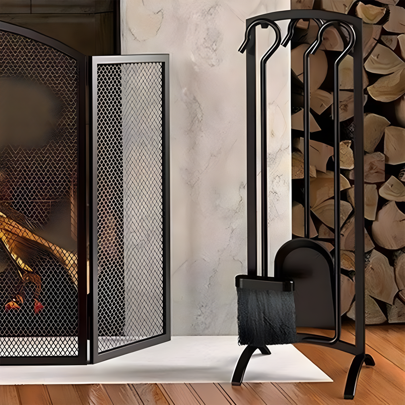 Panacea 4-Piece Arch Top Firewood Tool Set with Fireplace Brush, Shovel, Poker, and Stand for Indoor and Outdoor Fireplaces, Black