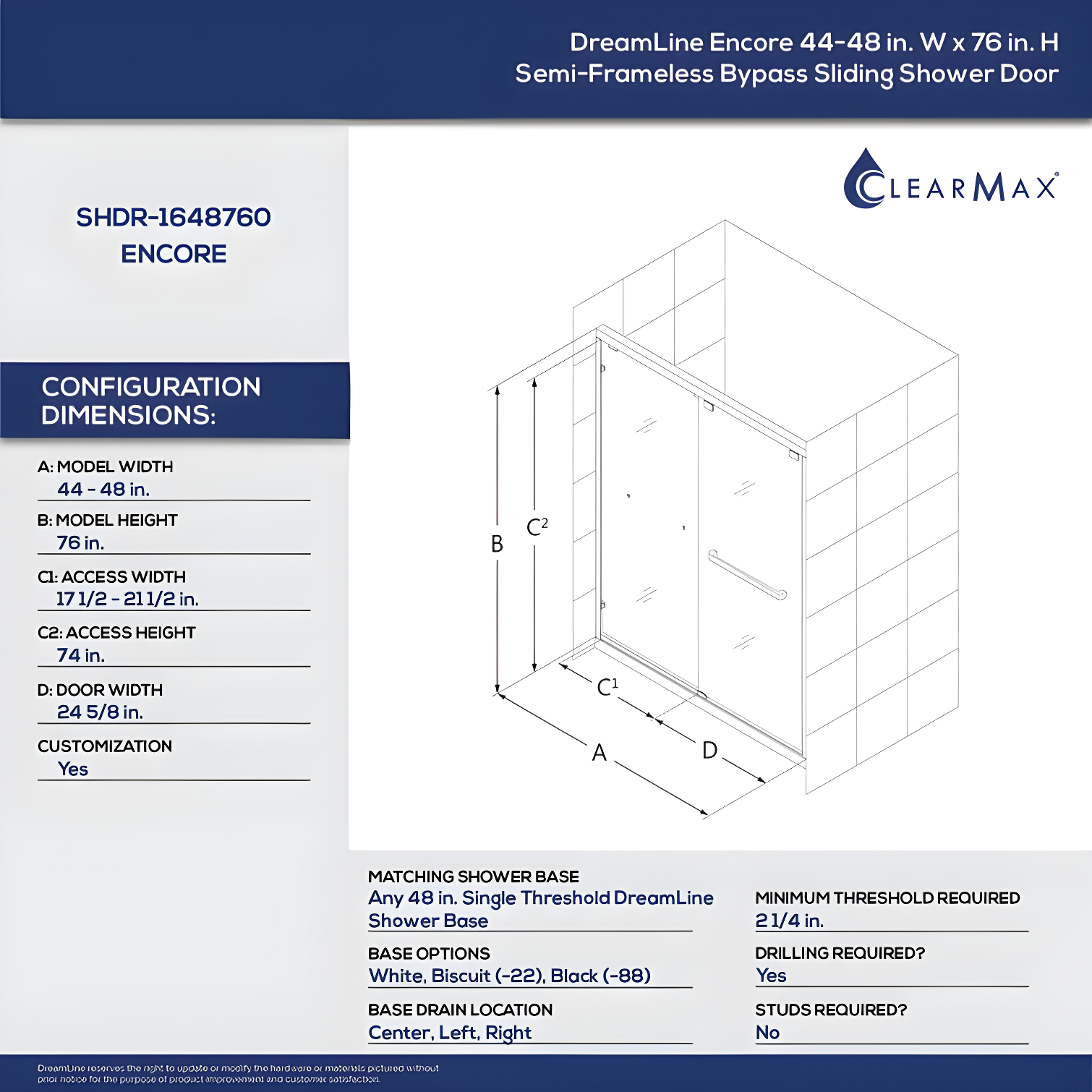 Encore 44" W x 76" Frameless Shower Door with ClearMax Technology