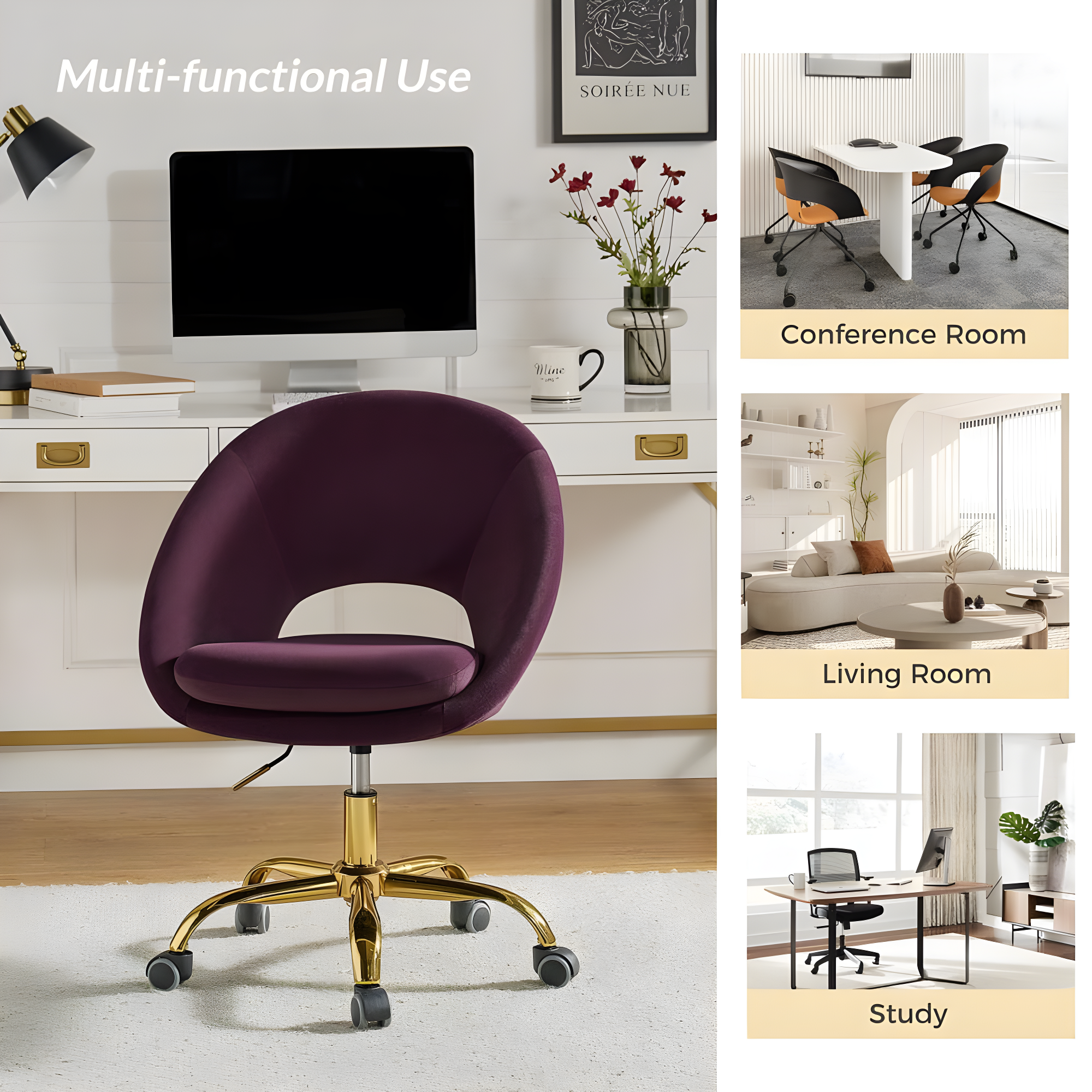 Savas Purple Velvet Swivel Task Chair with Wooden Accents
