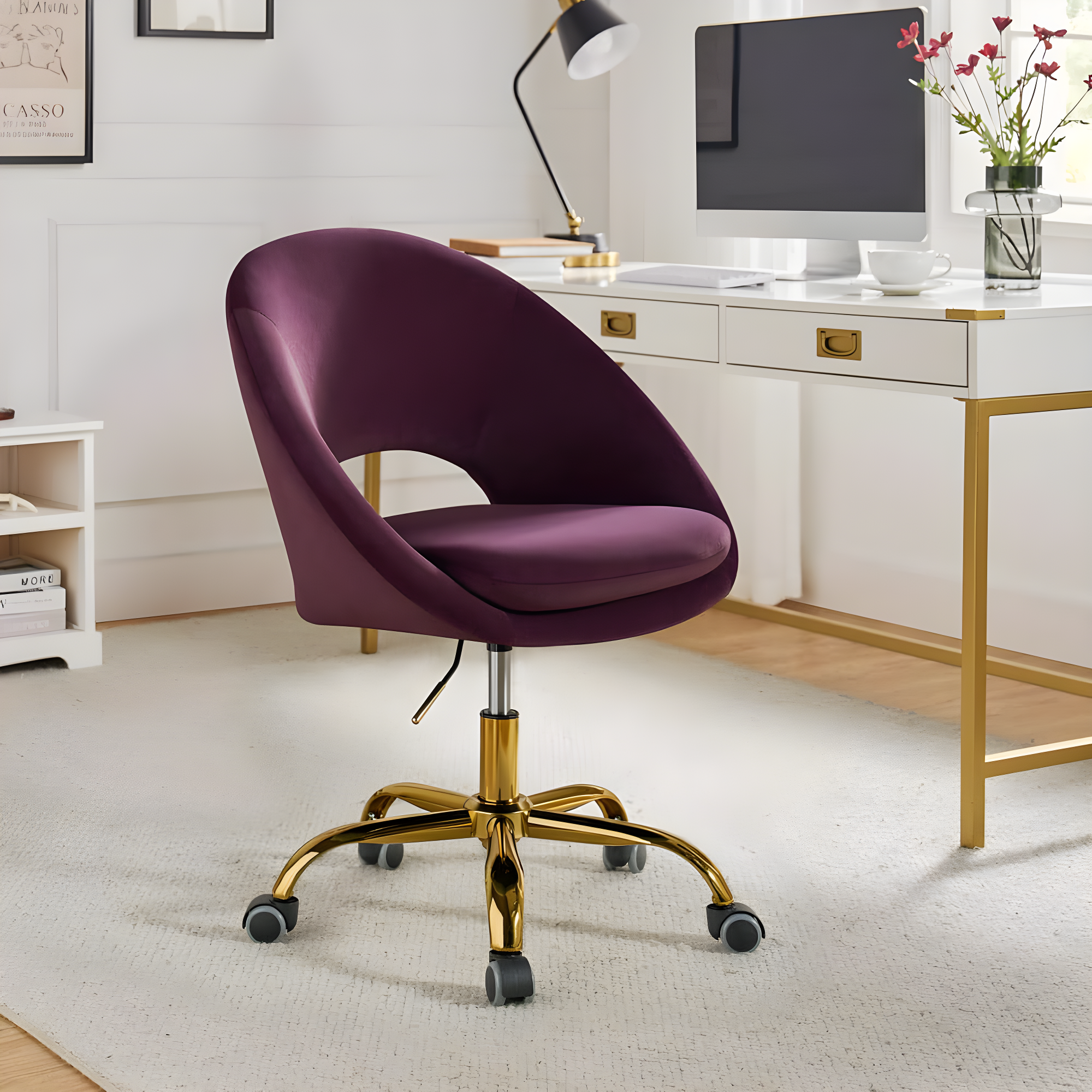 Savas Purple Velvet Swivel Task Chair with Wooden Accents