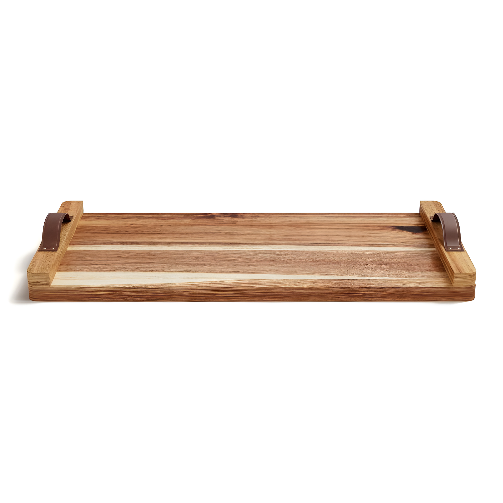American Atelier Acacia Wood Rectangular Tray with Leather Handles, Serving Platters, Wooden Board for Cheese, Meats, Snack or Charcuterie, 18” x 9”