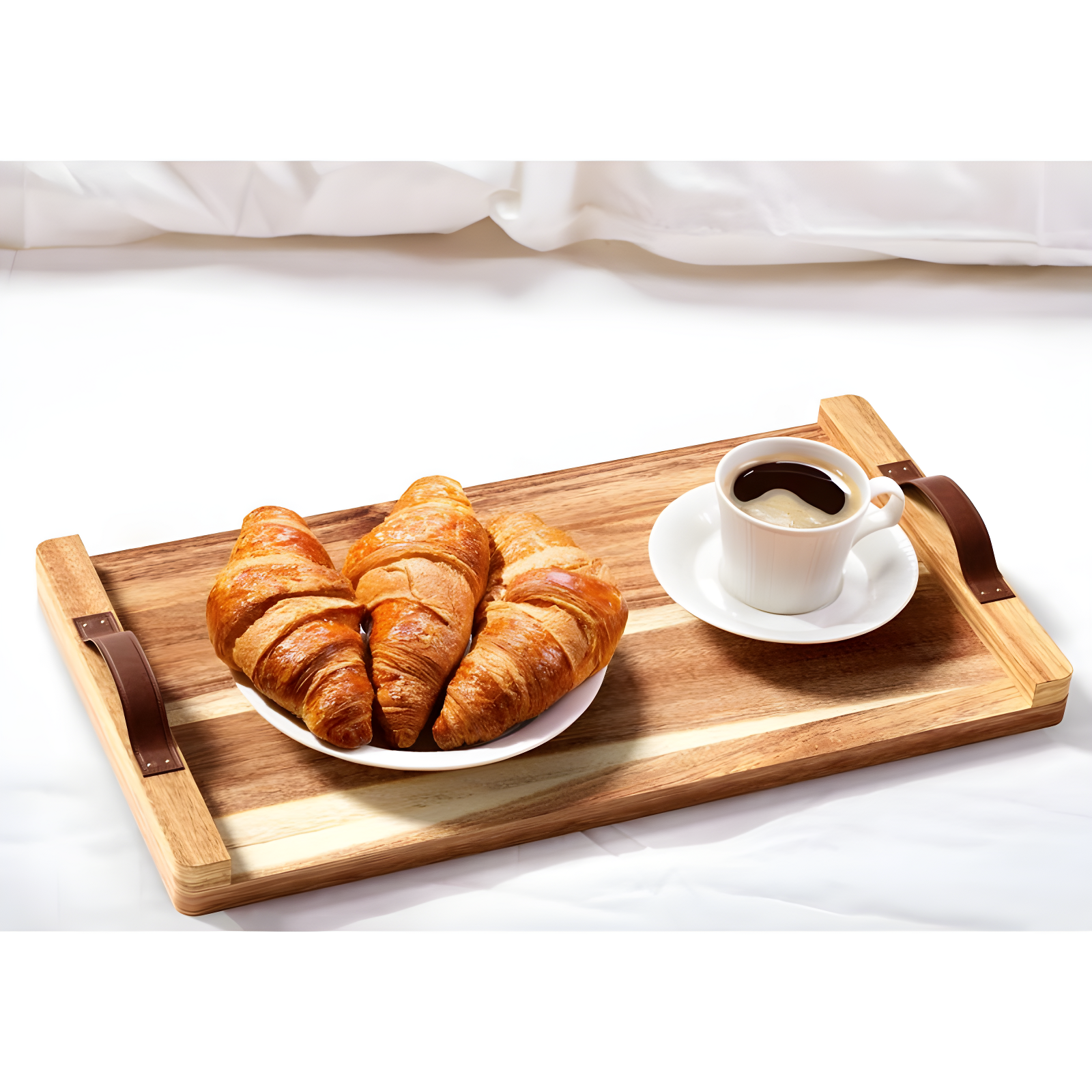 American Atelier Acacia Wood Rectangular Tray with Leather Handles, Serving Platters, Wooden Board for Cheese, Meats, Snack or Charcuterie, 18” x 9”