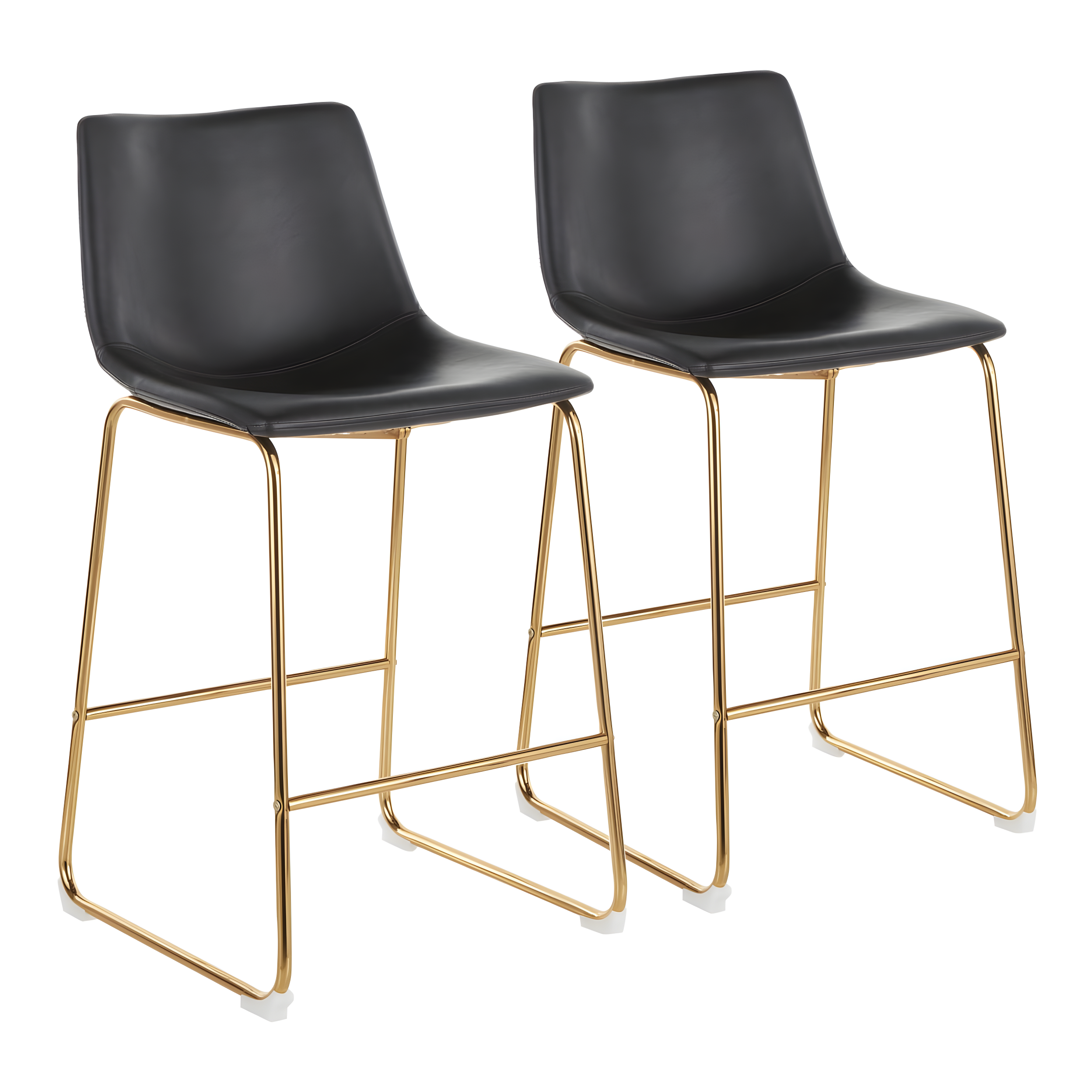 Duke Contemporary Counter Stool In Gold Metal And Black Faux Leather - Set Of 2