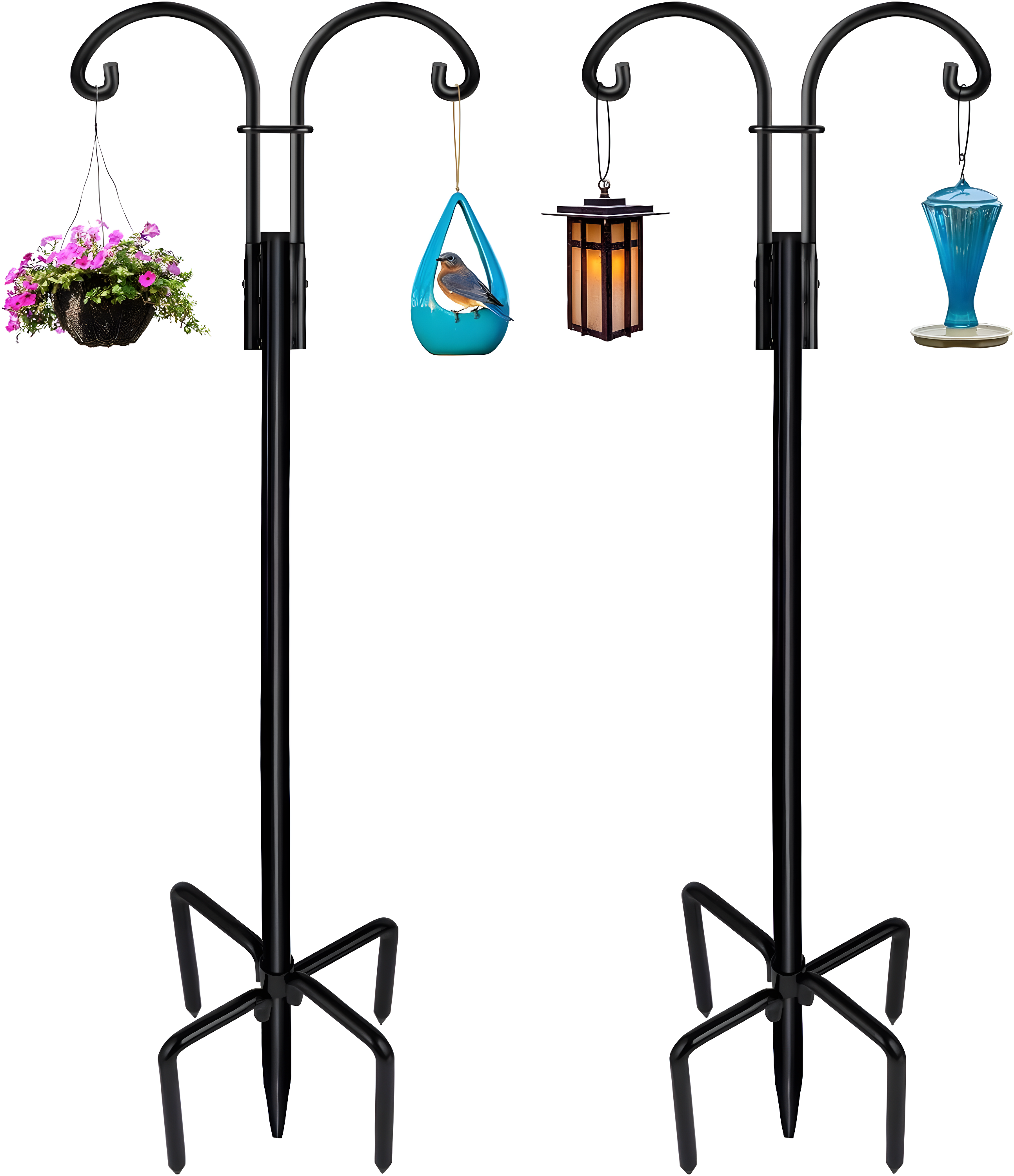 AOWOO Double Shepherds Hooks for Outdoor, 76 Inch Bird Feeder Pole with 5 Prongs Base, Adjustable Shepherd Hook 2-Pack Heavy Duty Two Sided Garden Pole for Hanging Bird Feeders, Plant Baskets, Black