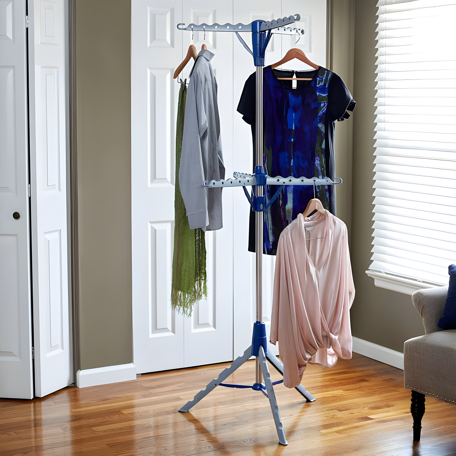 Household Essentials 2 Tier Tripod Clothes Drying Rack Air Dryer and Garment Rack Blue: Indoor Collapsible Clothing Rack