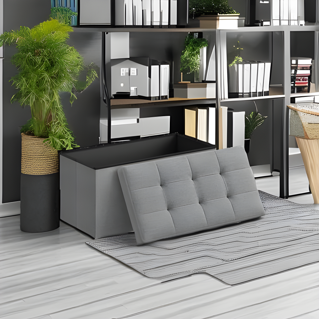 Light Gray Tufted Linen Folding Storage Ottoman Bench