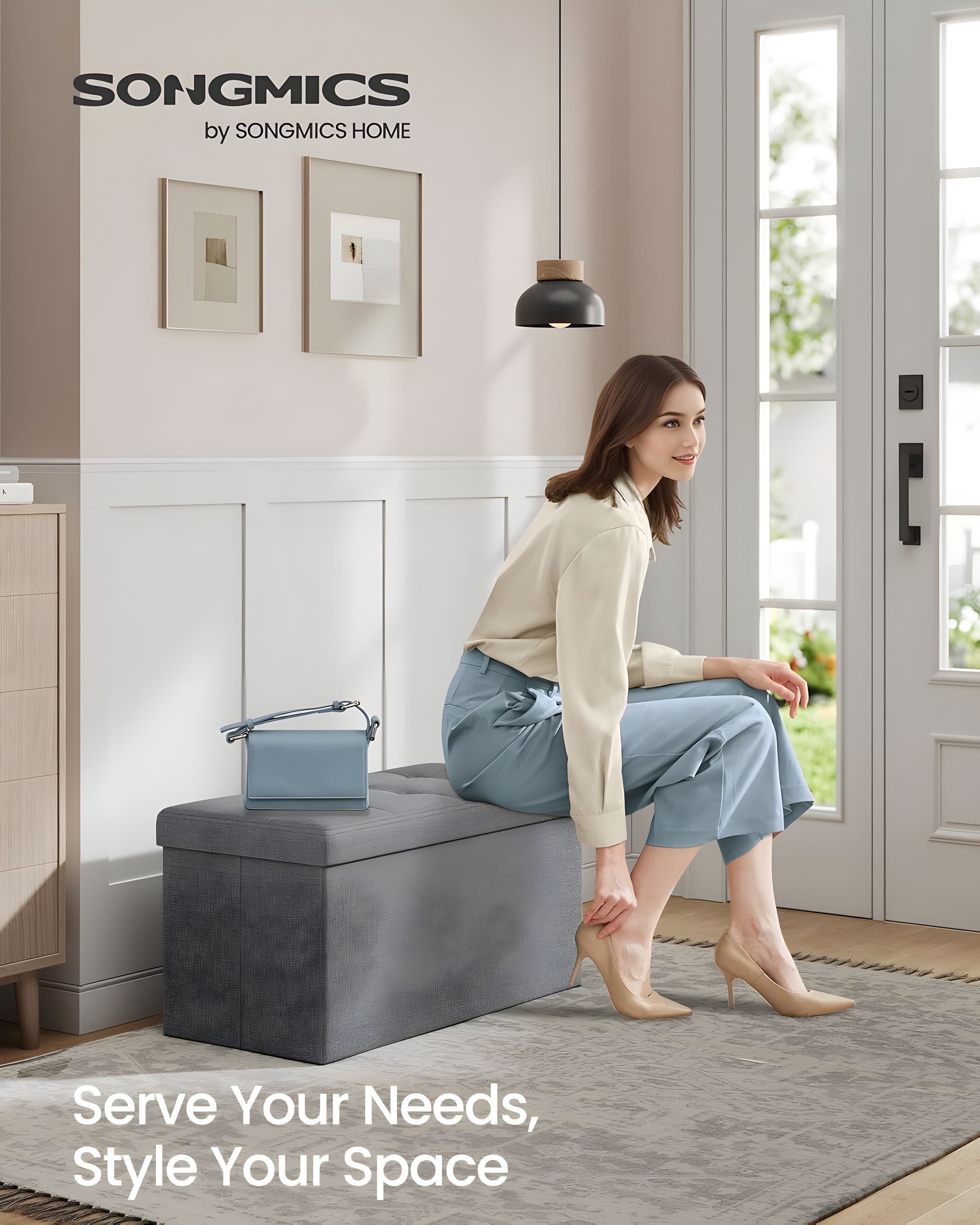 Light Gray Tufted Linen Folding Storage Ottoman Bench