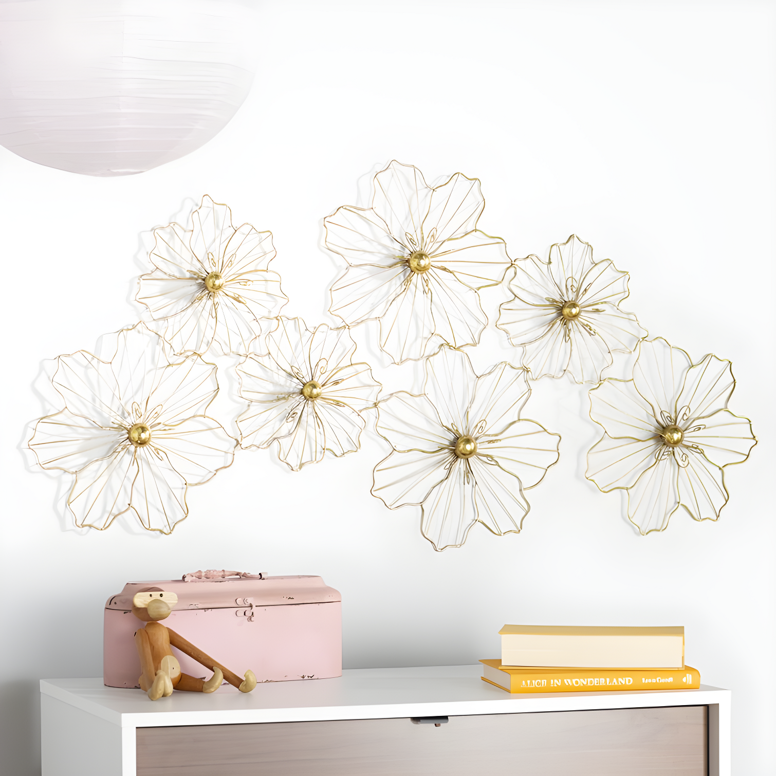 Metal Wire Foiled Floral Home Wall Decor with Scroll Accents