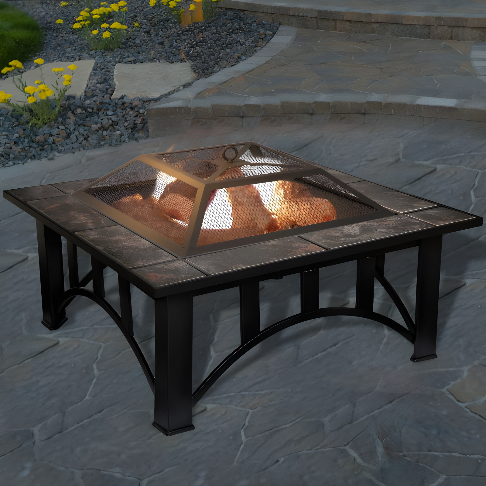 Nature Spring 33" Square Fire Pit With Tile Surround – Black and Orange