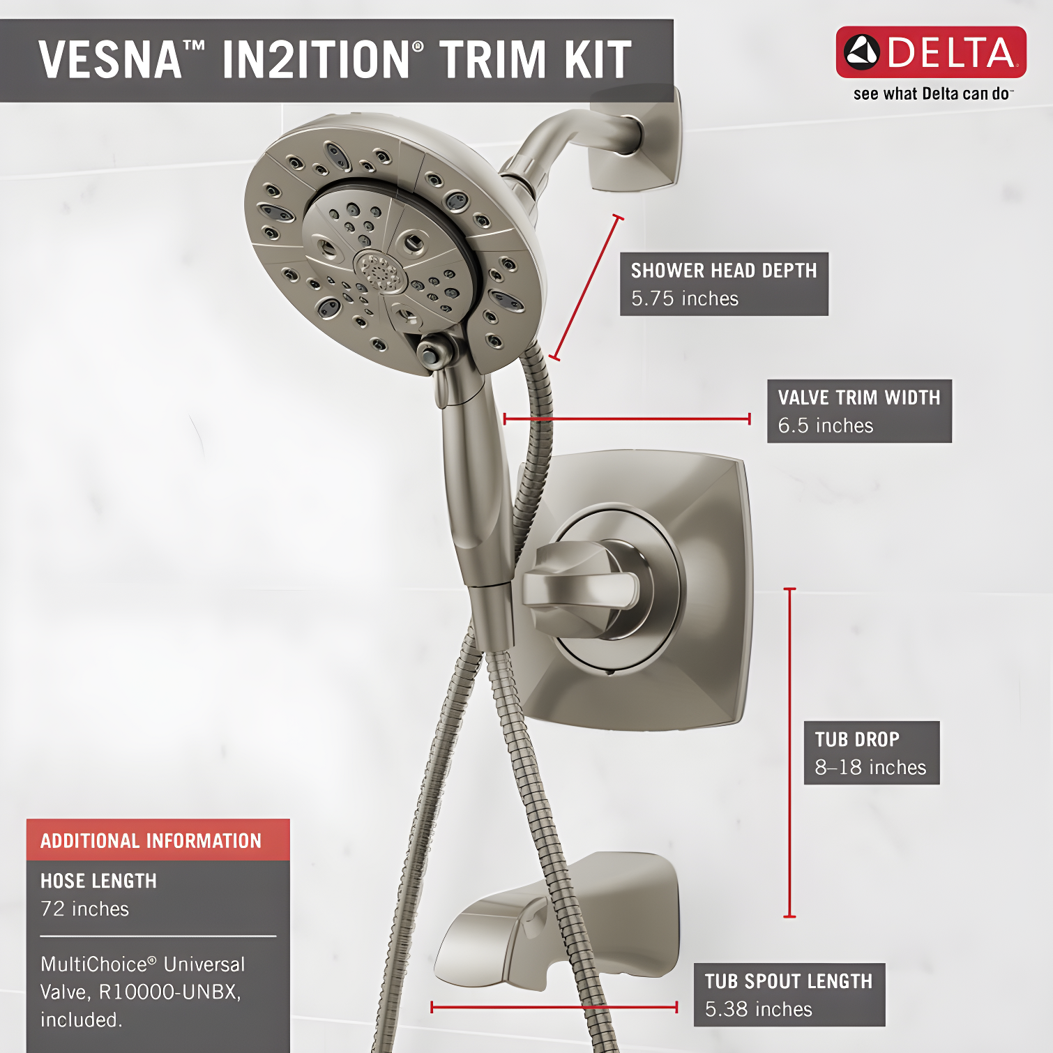 Vesna Single-Function Tub Shower Faucet Set, Shower Trim Kit with In2ition Shower Head and Valve
