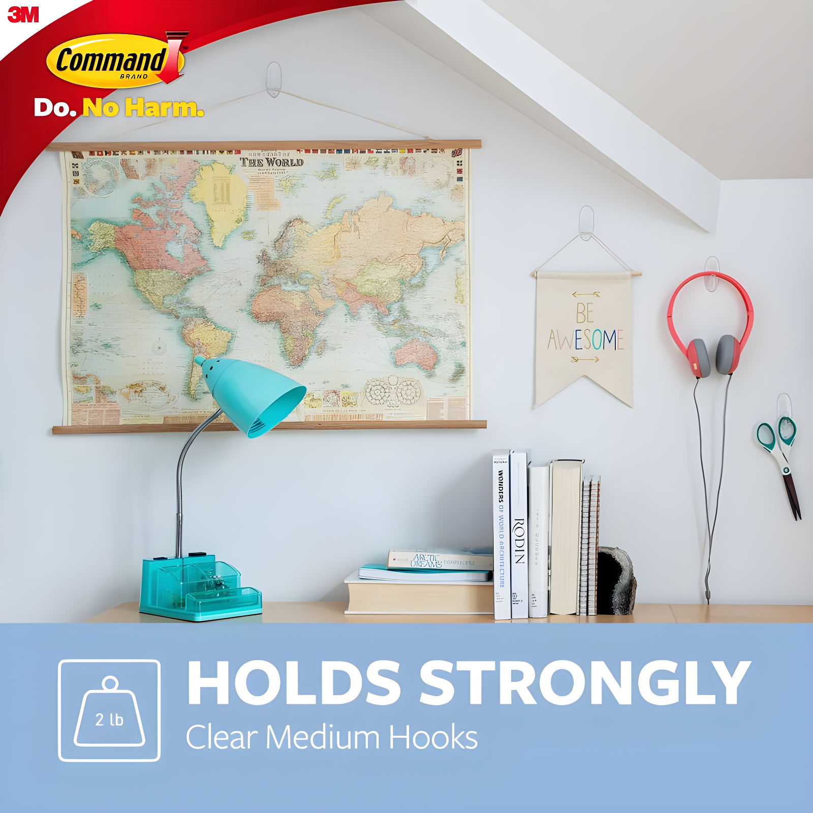 Command Medium Sized Decorative Hooks Clear: Adhesive Hooks for Wreaths, Outdoor Use, 2 Pack, 2 lb Capacity