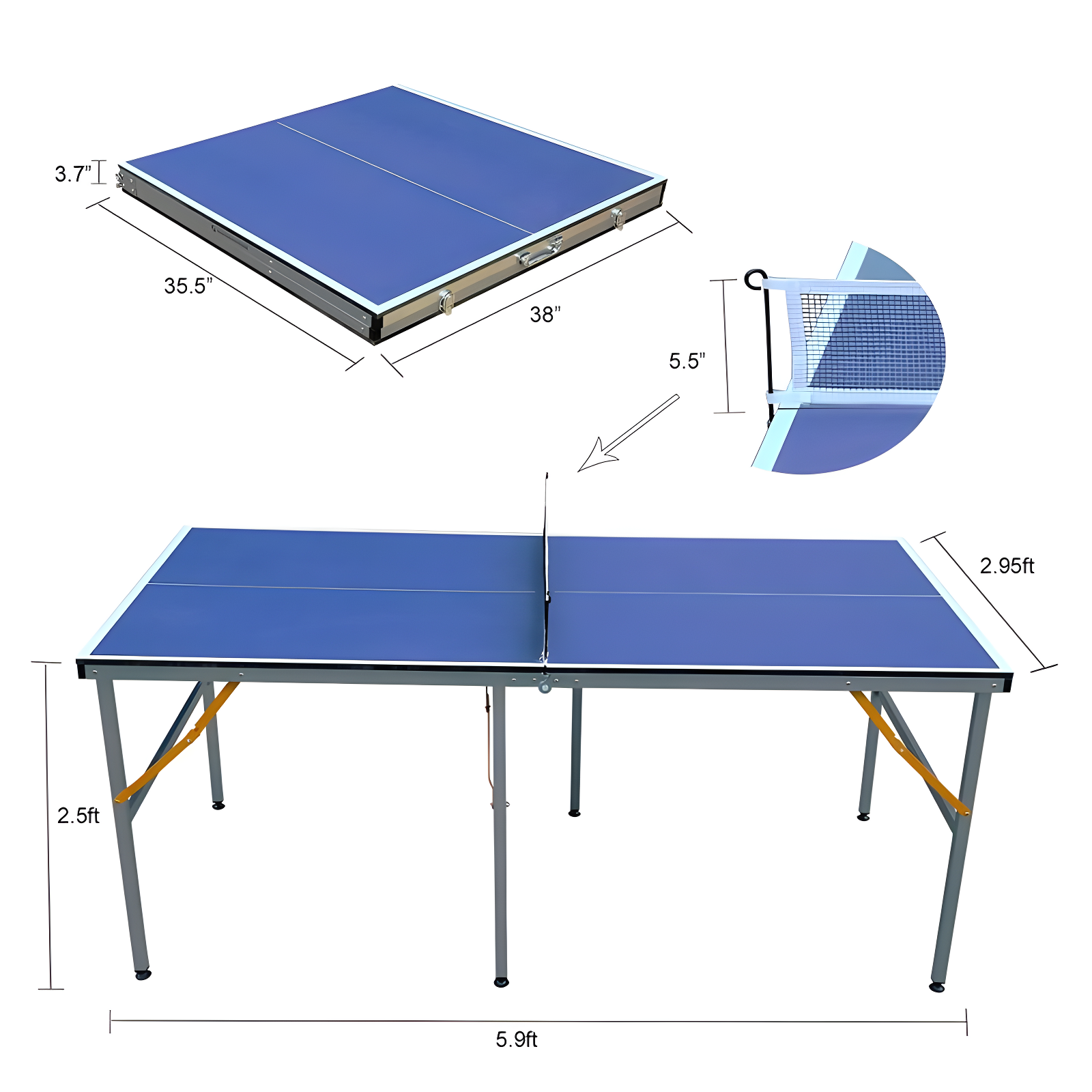 6FT Mid-Size Table Tennis Table, Foldable & Portable Ping Pong Table Set with Net, 2 Table Tennis Paddles and 3 Balls, Easy Assembly A