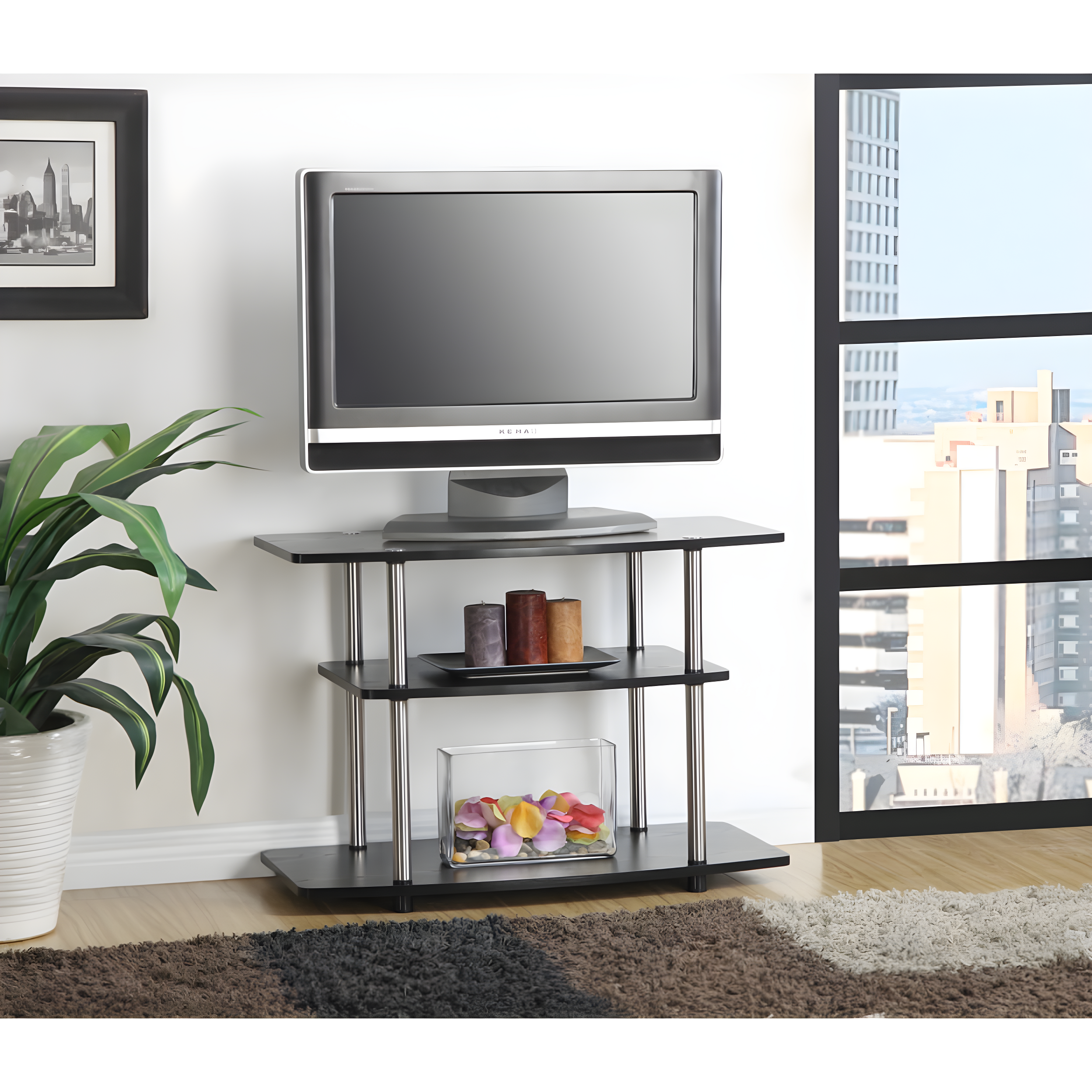 Convenience Concepts Designs2Go Three-Tier TV Stand in Black Wood Finish