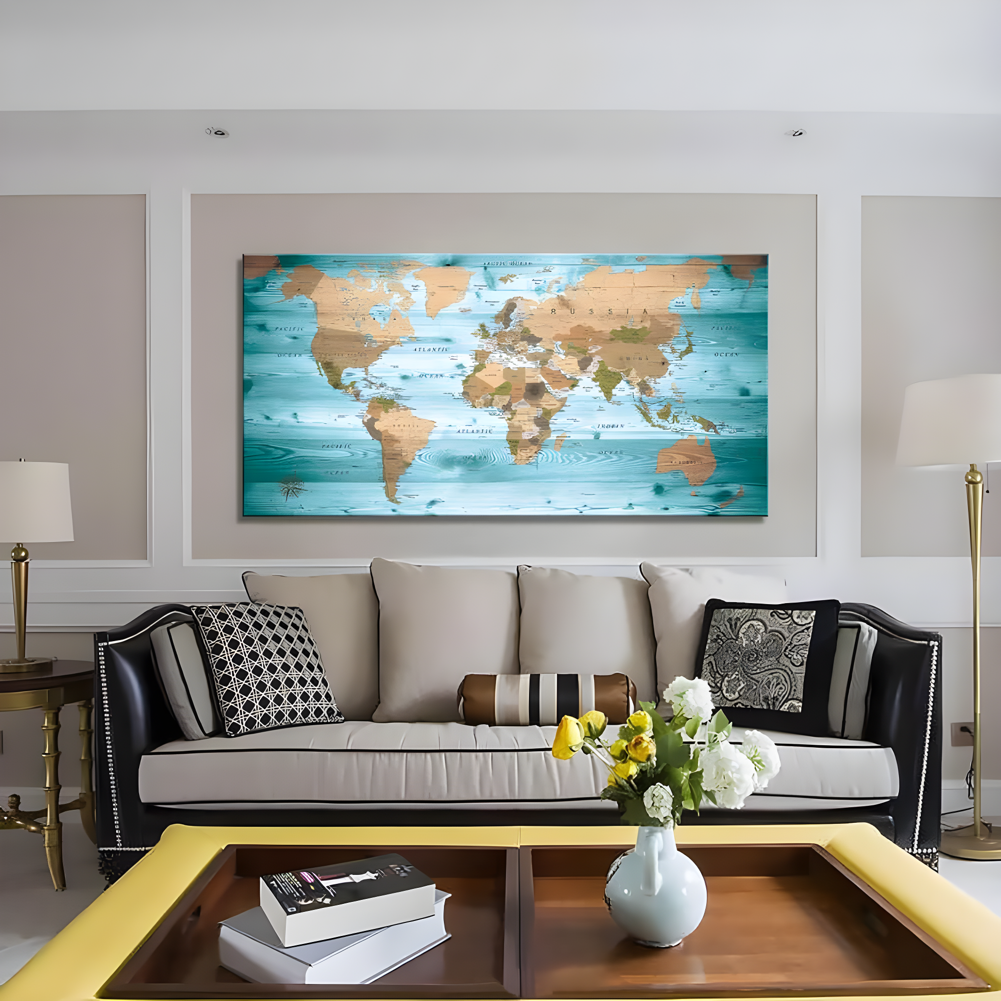 World Map Poster Wall Art for Office Decor Vintage Photos Canvas Prints Nautical Large Modern Framed Map of The World Canvas Wall Art Maps Pictures for Living Room Home Decor 24 x 48 Inches