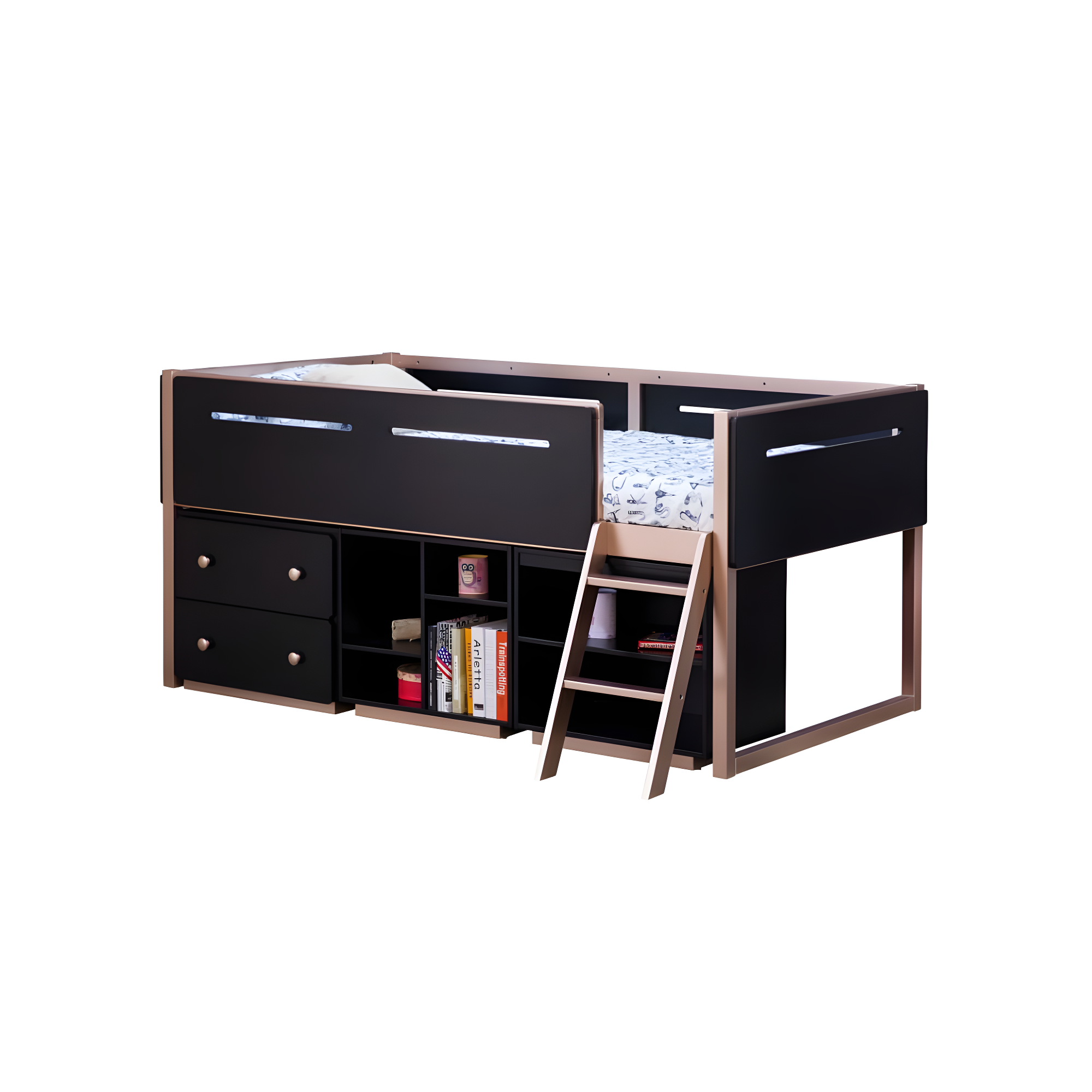 Prescott Bookshelf (2 Compartments) in Black & Rose-Gold