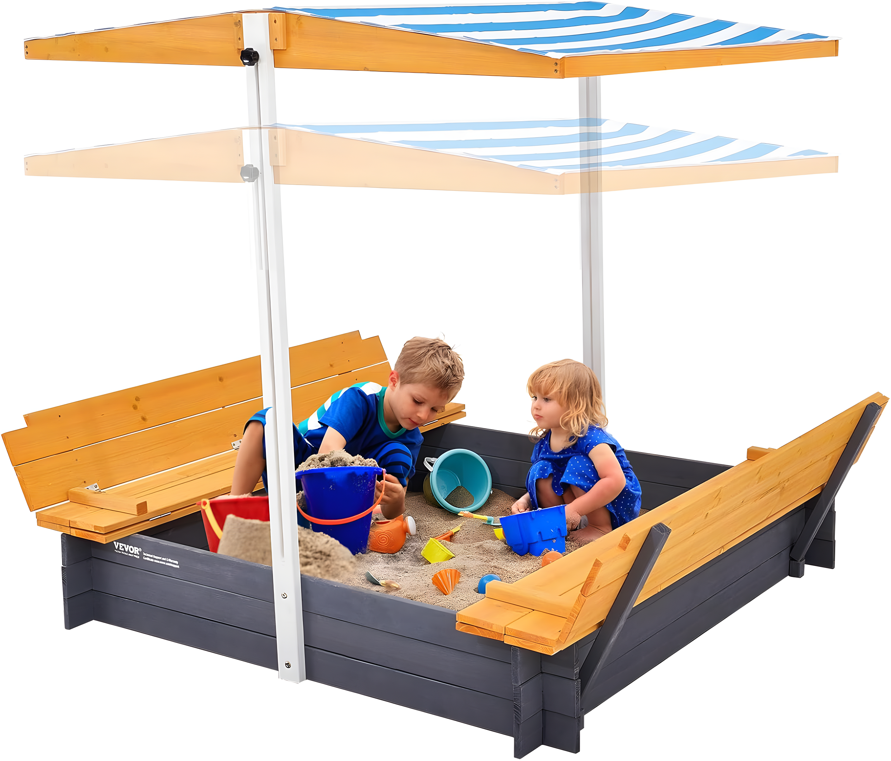 VEVOR Wooden Sandbox with Canopy, Sandpit with Foldable Bench Seats and Bottom Liner, Height Adjustable Roof, Gift for Ages 3-12 Years Old Backyard Garden Easy Assembly (57.3 x 47.2 x 47.2in)