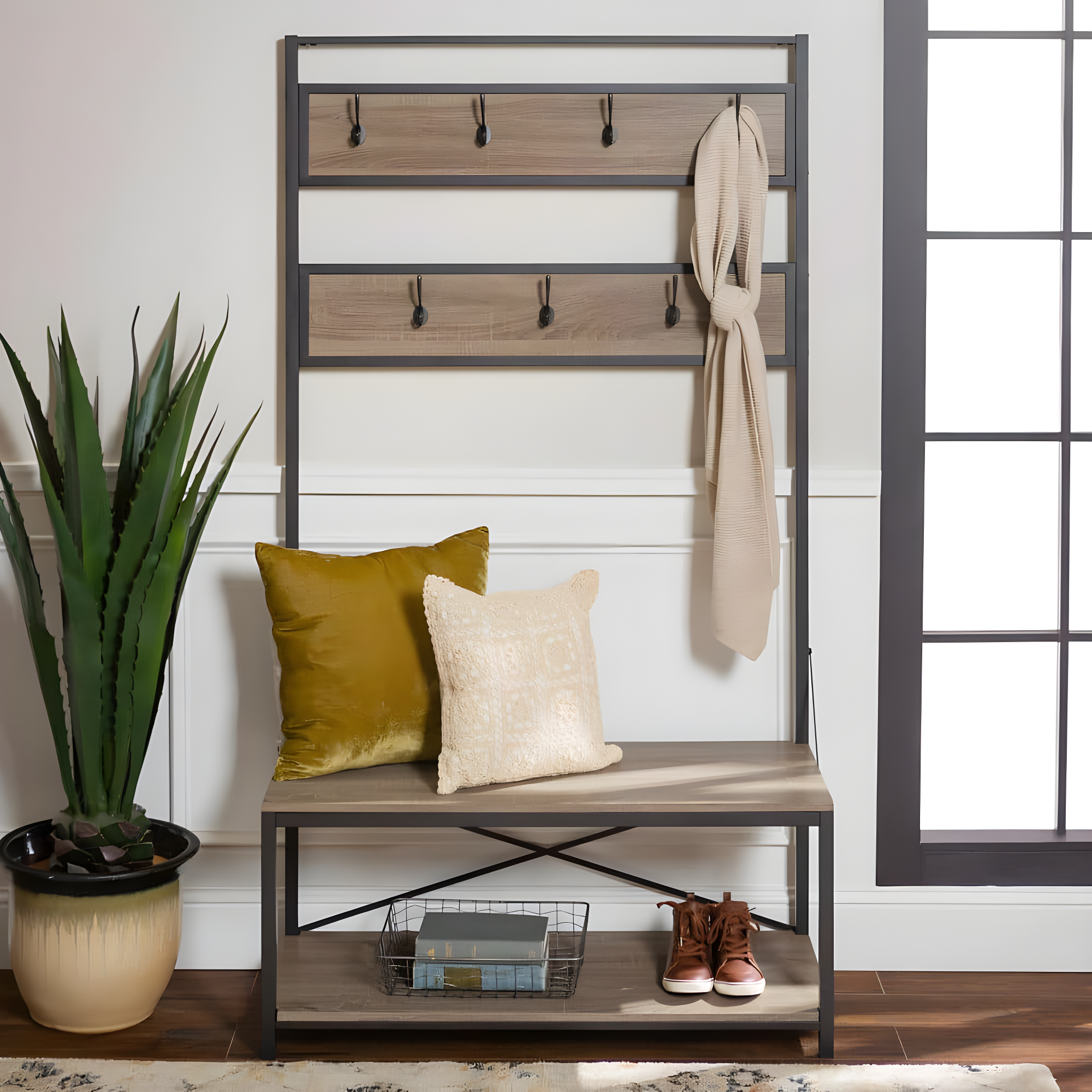 Driftwood and Black Industrial Hall Tree with Bench and Storage