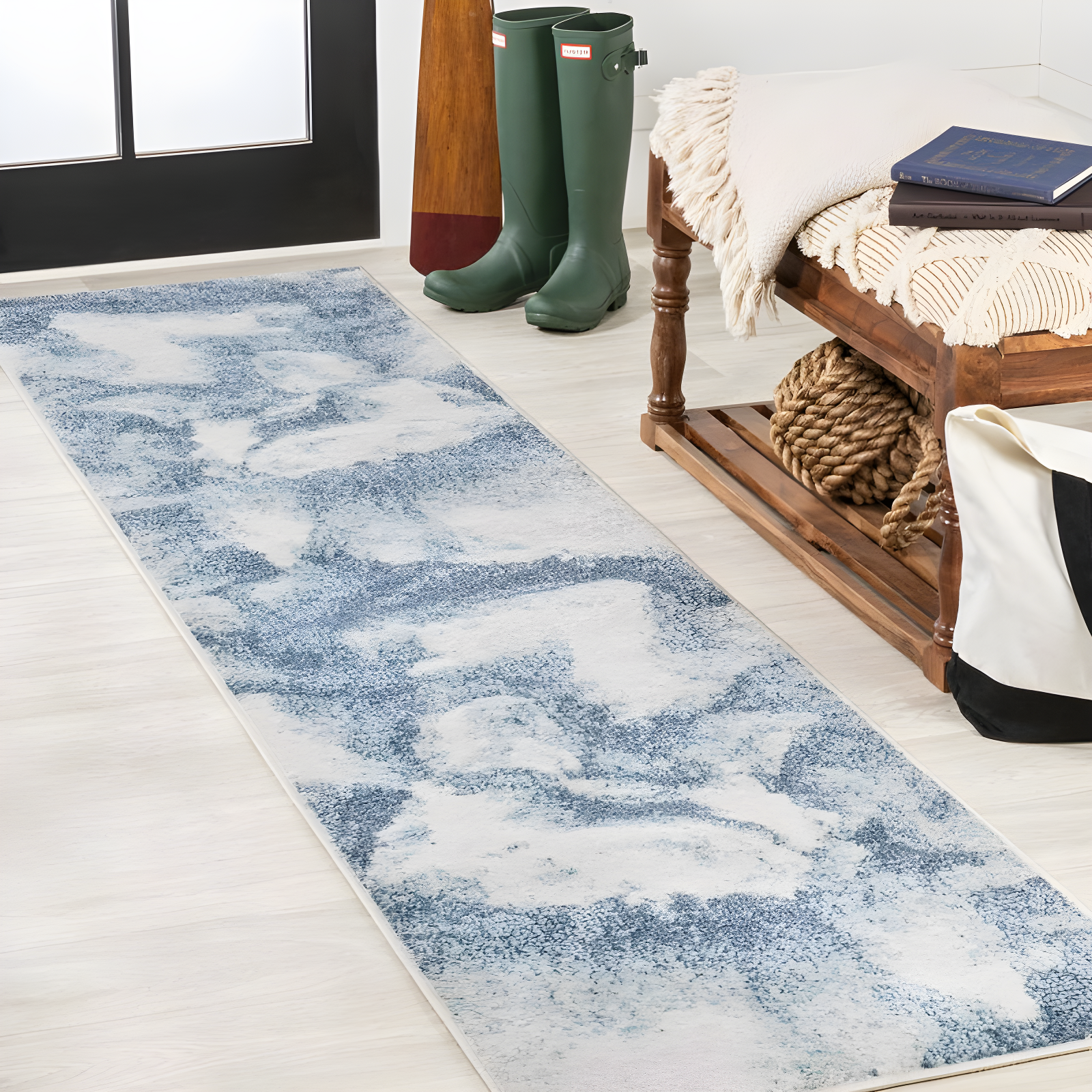 2' x 8' Petalo Abstract Two-Tone Modern Runner Rug, Blue/Cream - JONATHAN Y