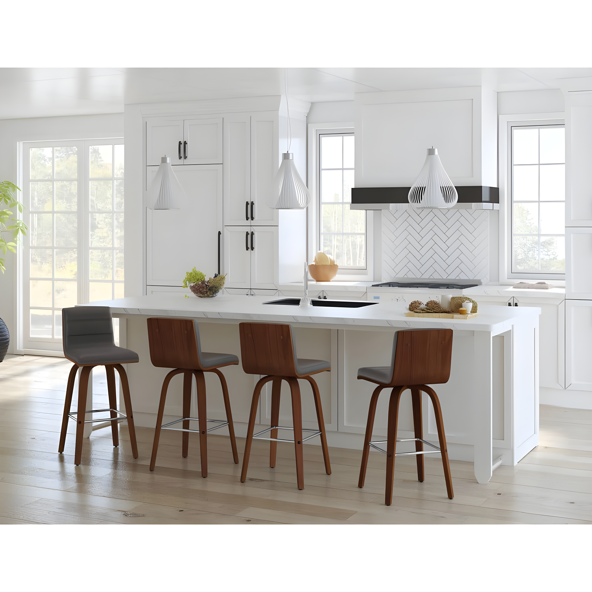 Vienna 26" Swivel Counter Stool in Walnut Wood Finish with Gray Faux Leather
