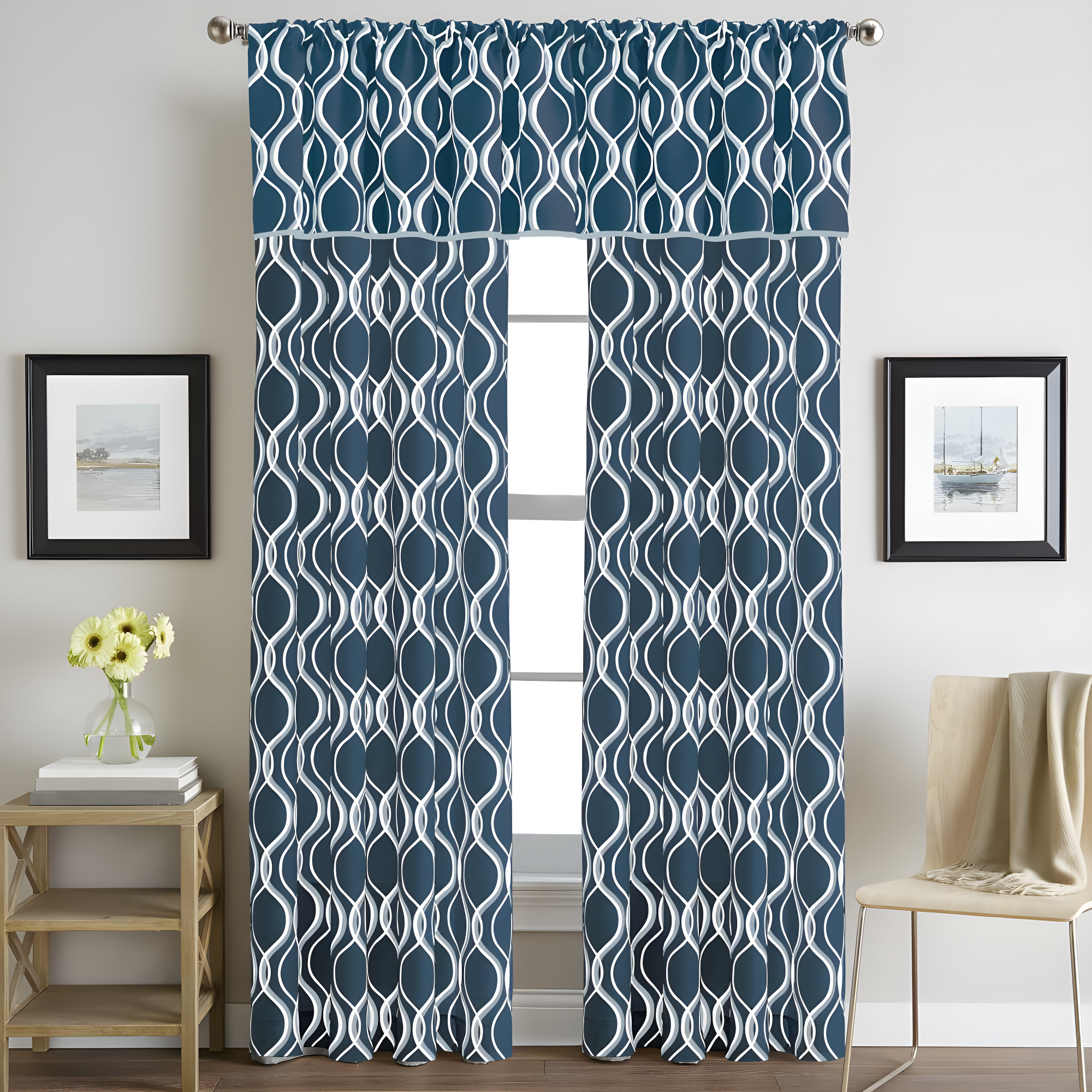 CHF Morocco Poletop Valance Geometric, 50"x36", Navy, Polyester. Adult