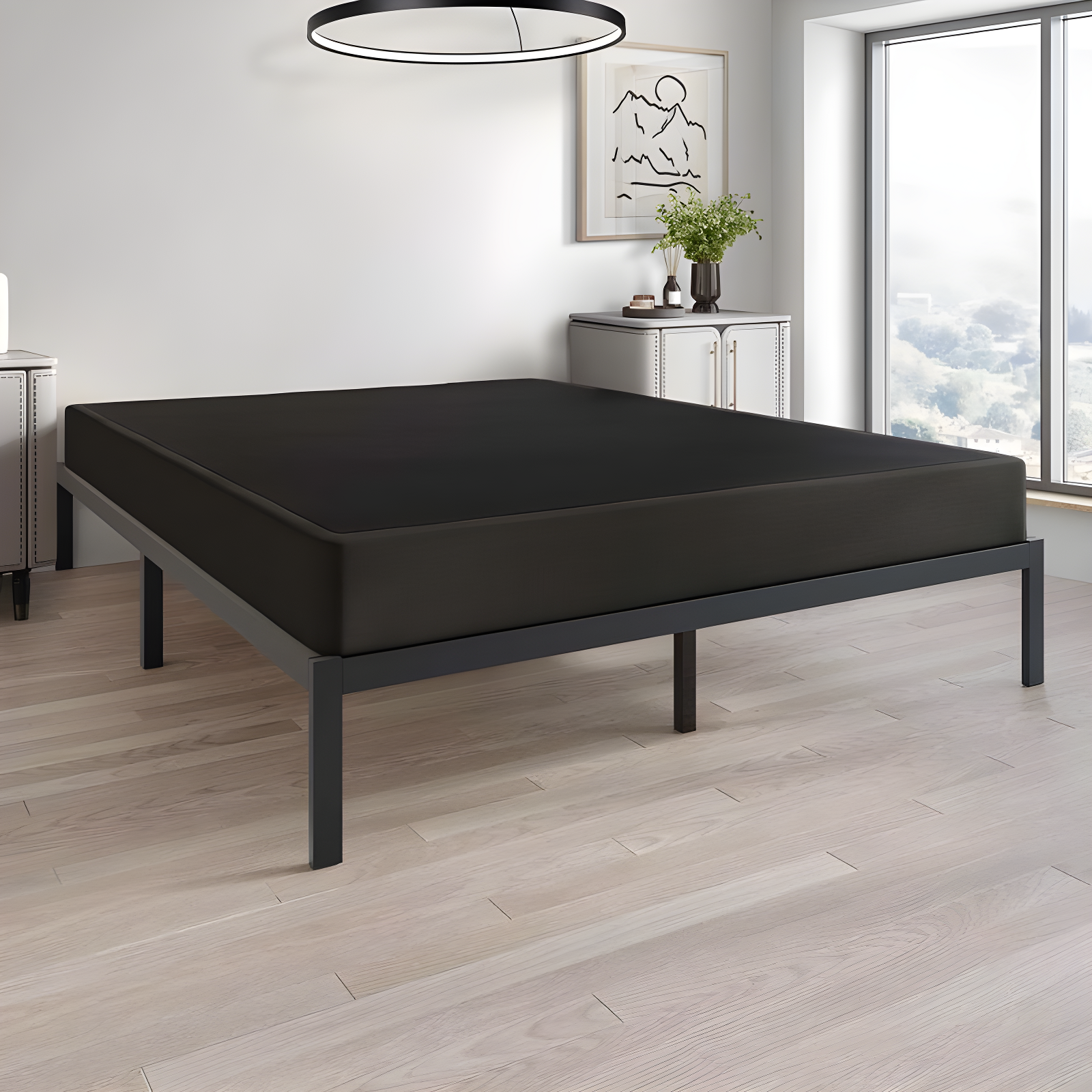 ChaletPosh Queen Metal Box Spring In Black Linen