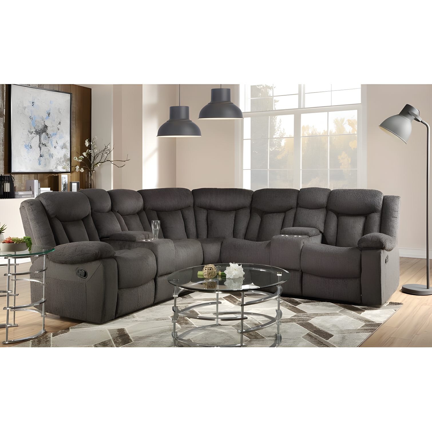 Wade Logan® Agatino Contemporary Motion Sectional Sofa with Storage and Cup-Holder in Dark Brown