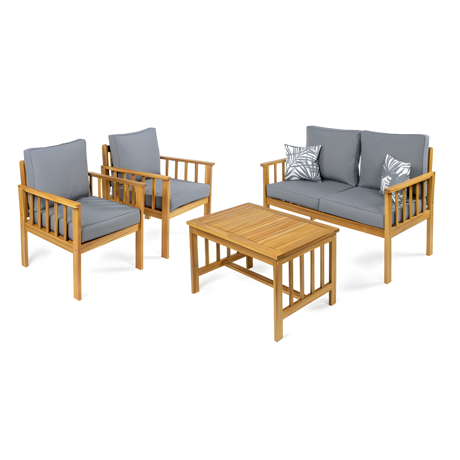 Everly 4-Piece Modern Cottage Acacia Wood Outdoor Patio Set with Cushions and Tropical Decorative Pillows, Gray/Teak Brown - JONATHAN Y