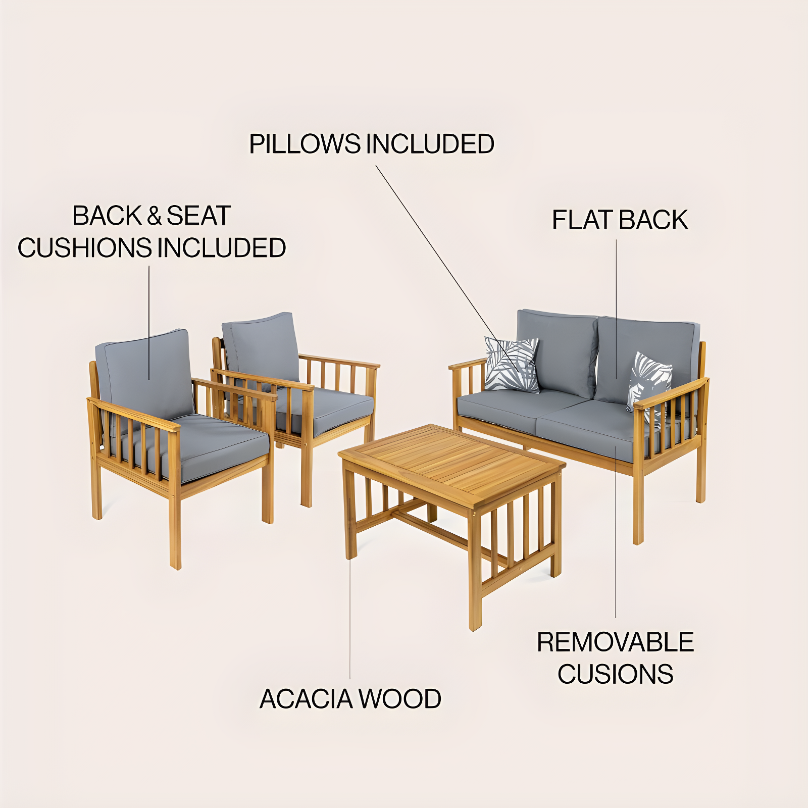 Everly 4-Piece Modern Cottage Acacia Wood Outdoor Patio Set with Cushions and Tropical Decorative Pillows, Gray/Teak Brown - JONATHAN Y