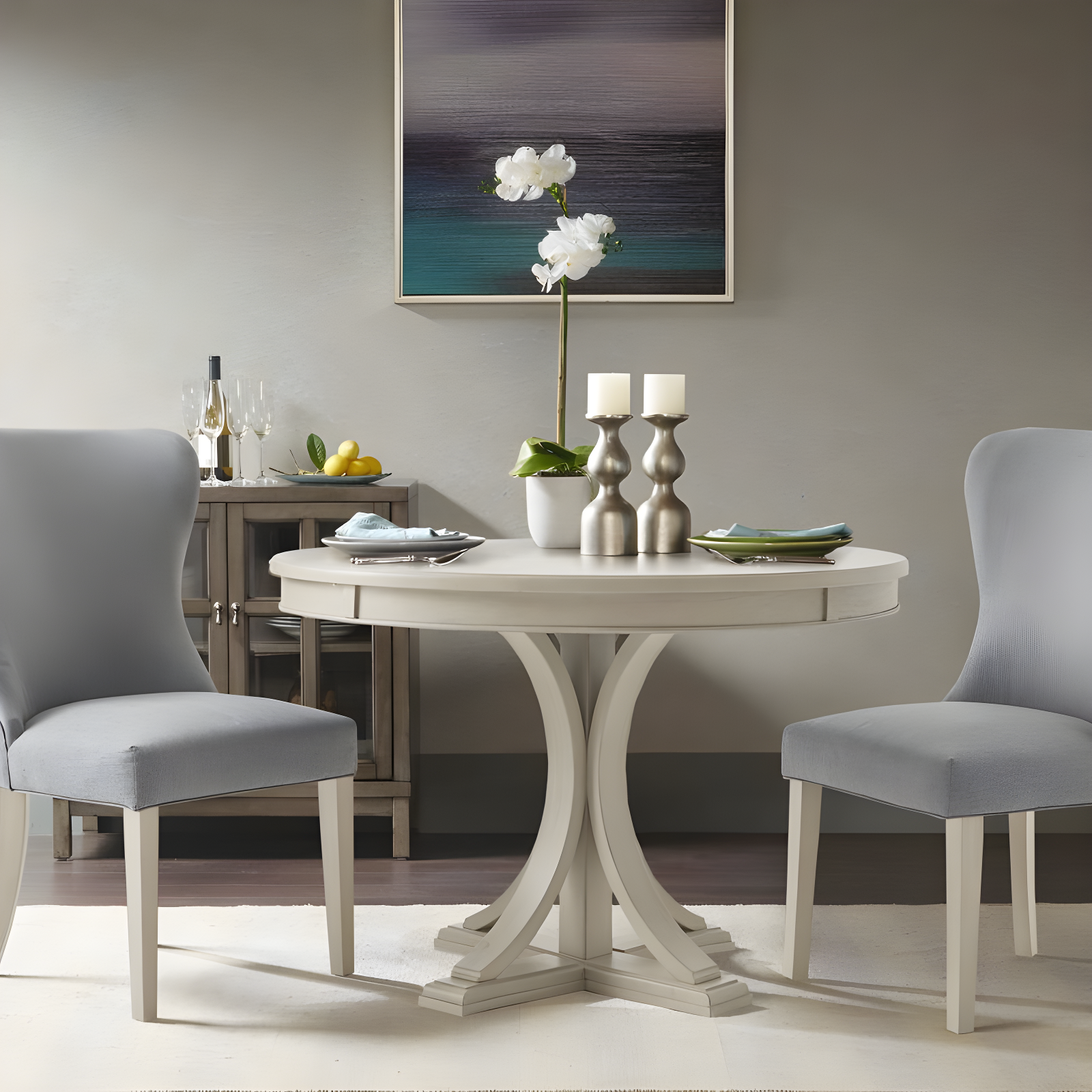 Madison Park Helena Round Dining Table Antique Cream: 4-Seater Pedestal, Kitchen Furniture