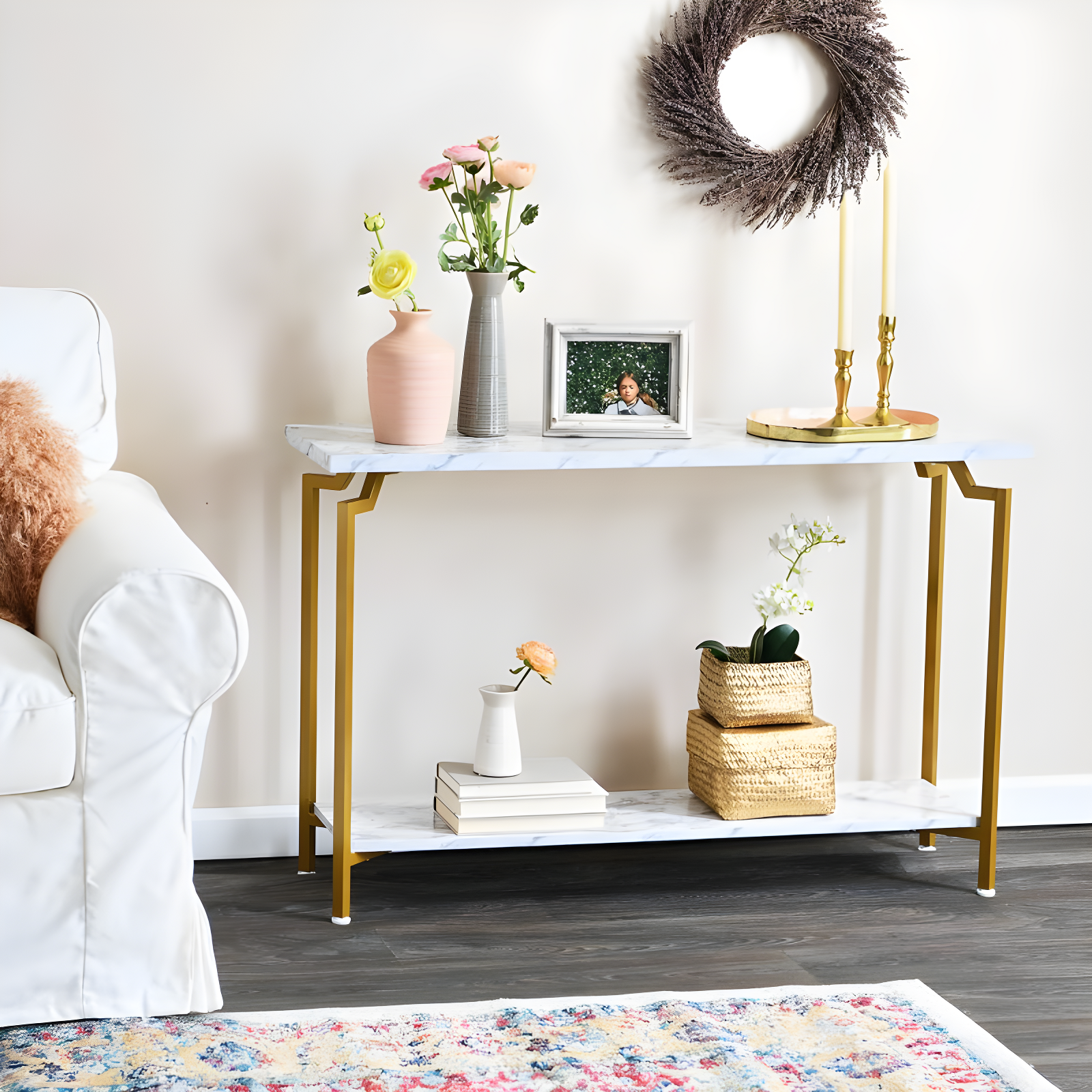 Crown Console Sofa Table with Storage Shelf White Marble and Gold Metal