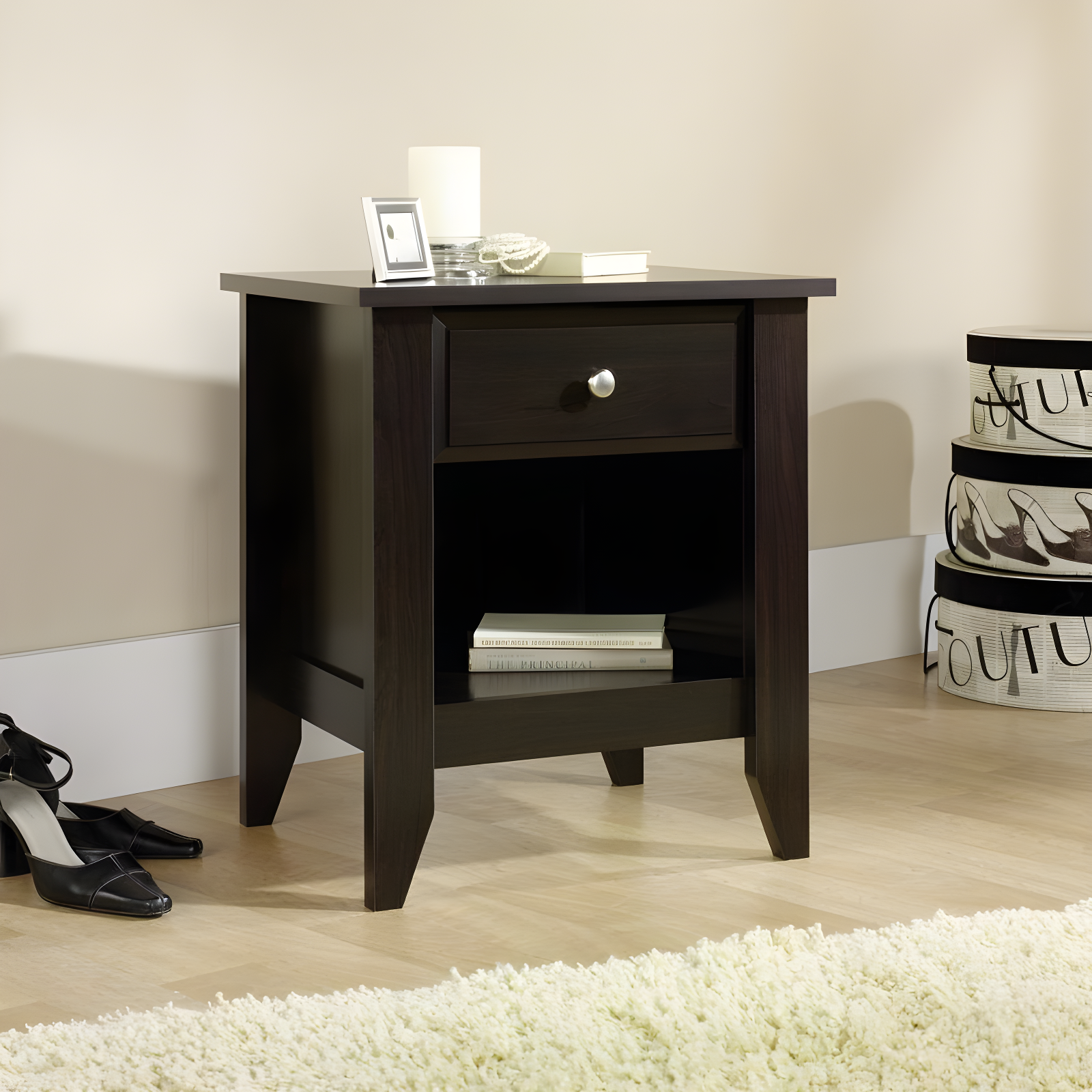 Shoal Creek Nightstand with Drawer & Storage Shelf - Jamocha Wood - Sauder: Laminated Particle Board, Rectangular Design