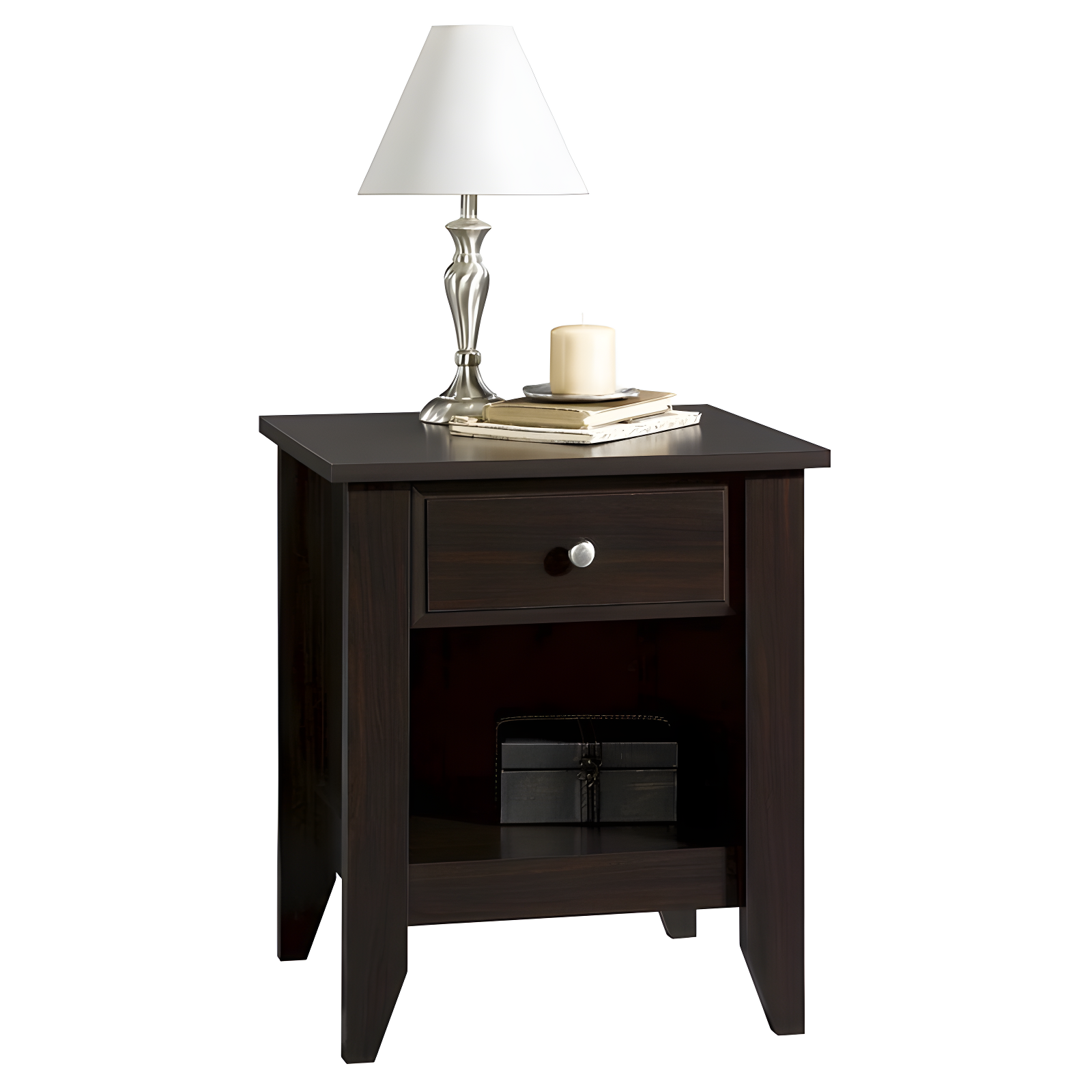 Shoal Creek Nightstand with Drawer & Storage Shelf - Jamocha Wood - Sauder: Laminated Particle Board, Rectangular Design