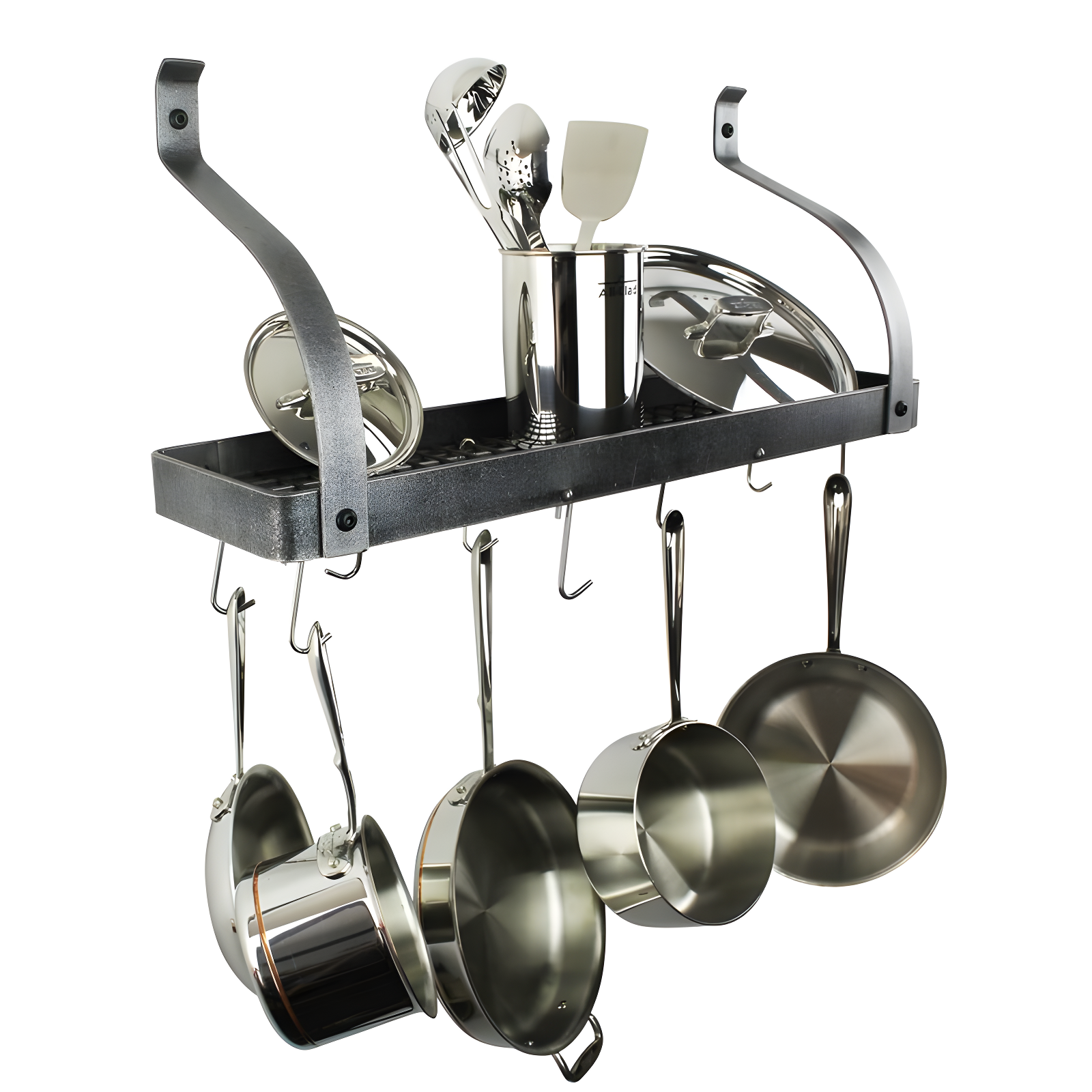 Handcrafted Gourmet Bookshelf Wall Rack with Curved Arms & 12 Hooks