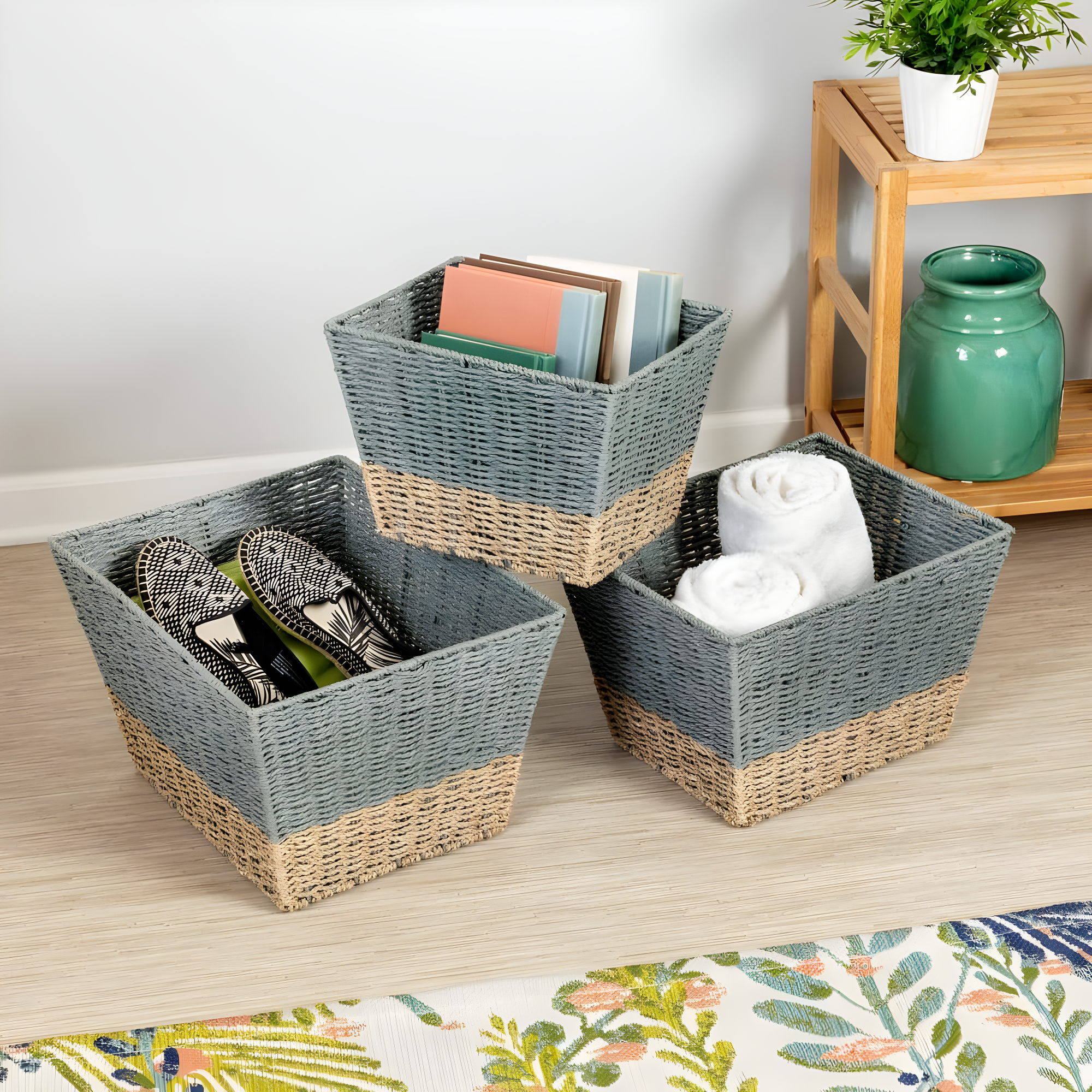 Honey-Can-Do Seagrass Set of 3 Square Nesting Storage Baskets, Natural and Gray