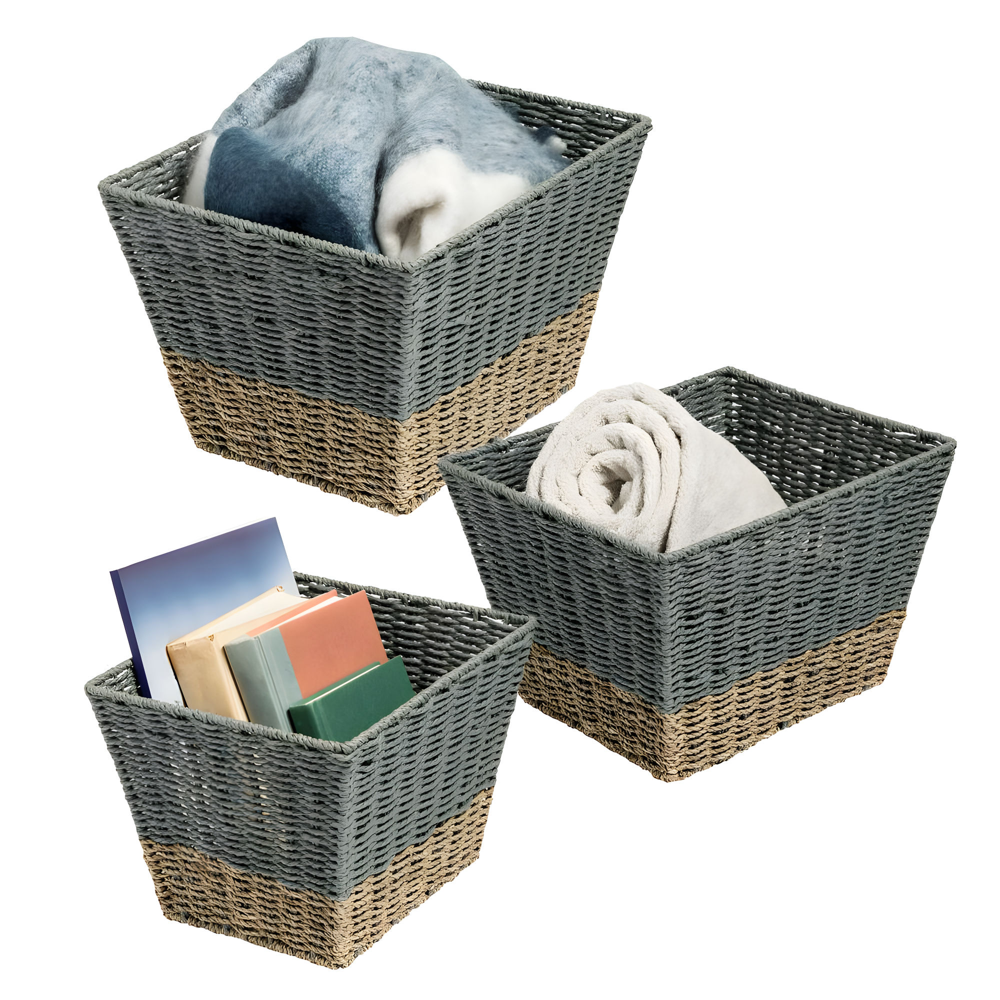 Honey-Can-Do Seagrass Set of 3 Square Nesting Storage Baskets, Natural and Gray