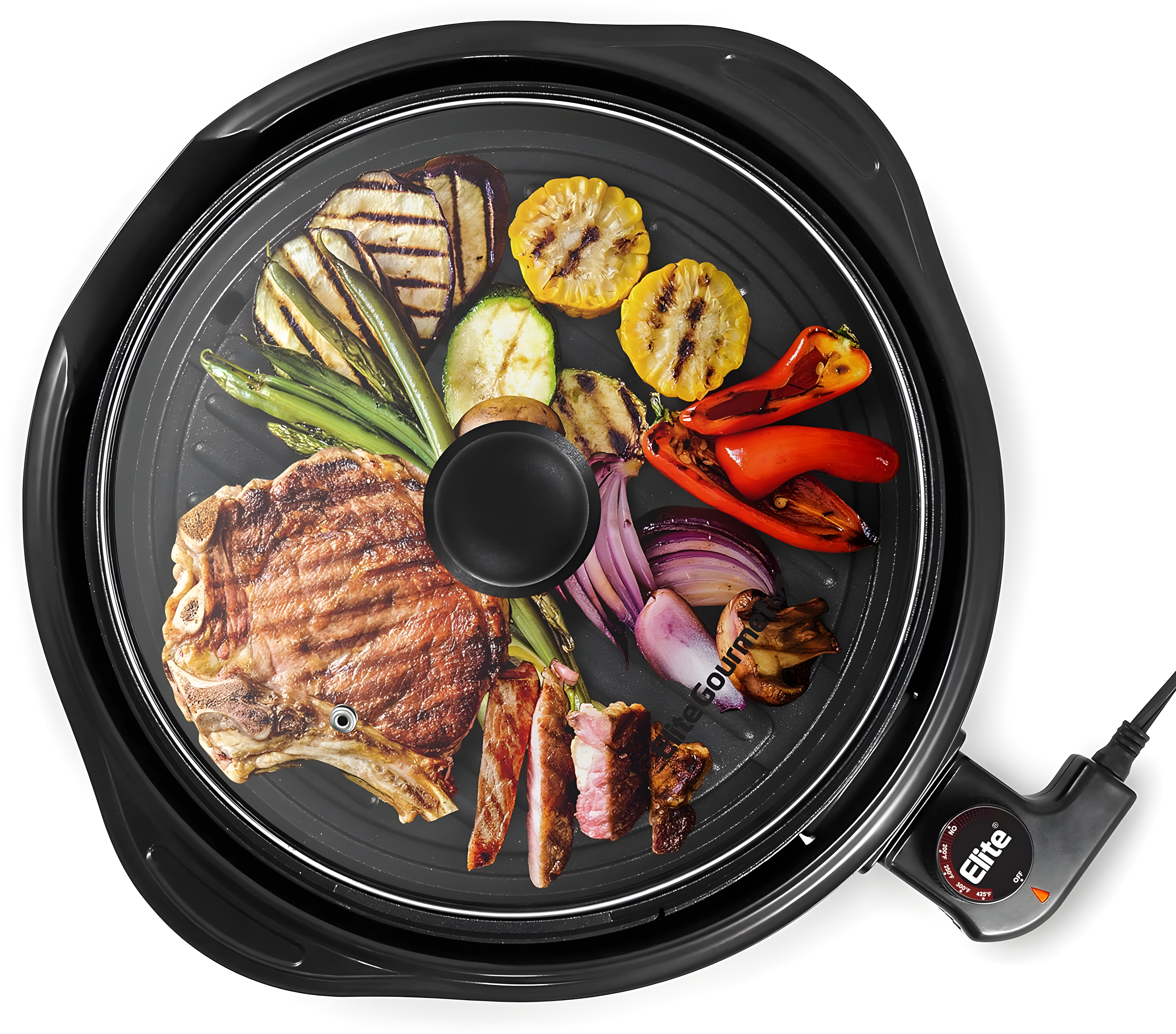 Elite Gourmet 11-inch Electric Indoor Grill with Tempered Glass Lid, Black