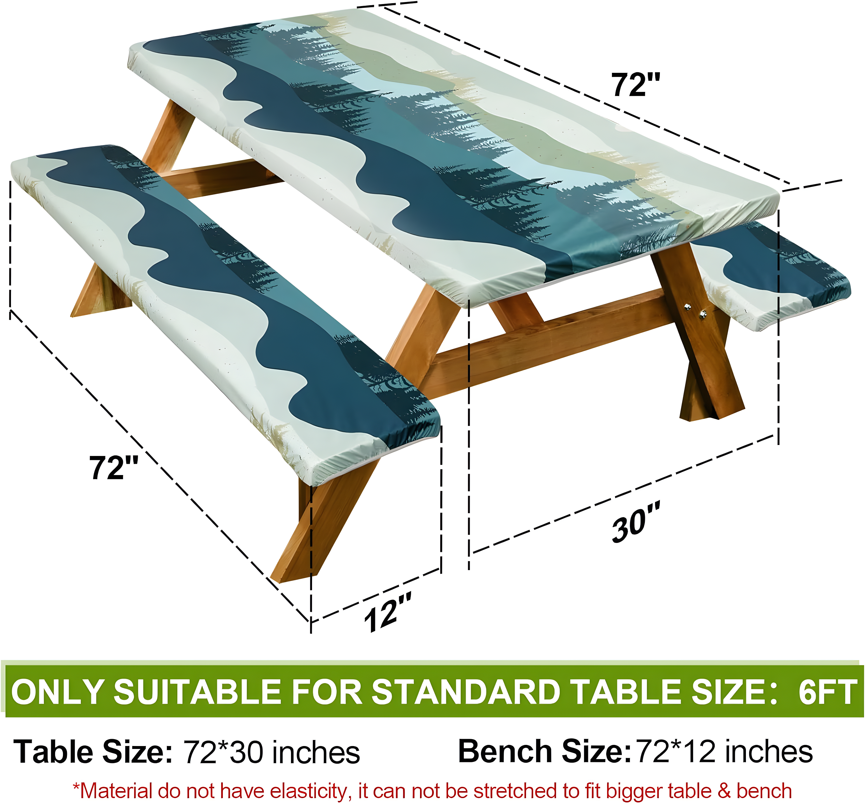 Picnic Table Cover with Bench Covers Camping Essentials Waterproof Windproof Camping Tablecloth with Drawstring Bag, Fitted Rectangle Tables and Seats, 72in, Green Blue