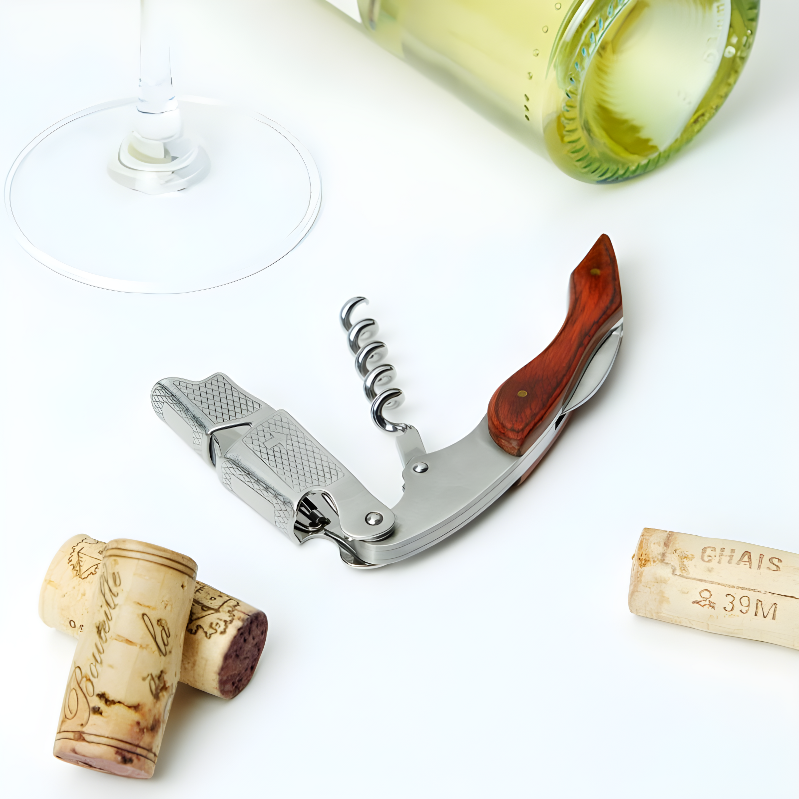 True Sommelier Waiter Corkscrew Spring Loaded Double Lever Wine Opener Waiters Bartender Accessory, Stainless Steel and Wood, Set of 1
