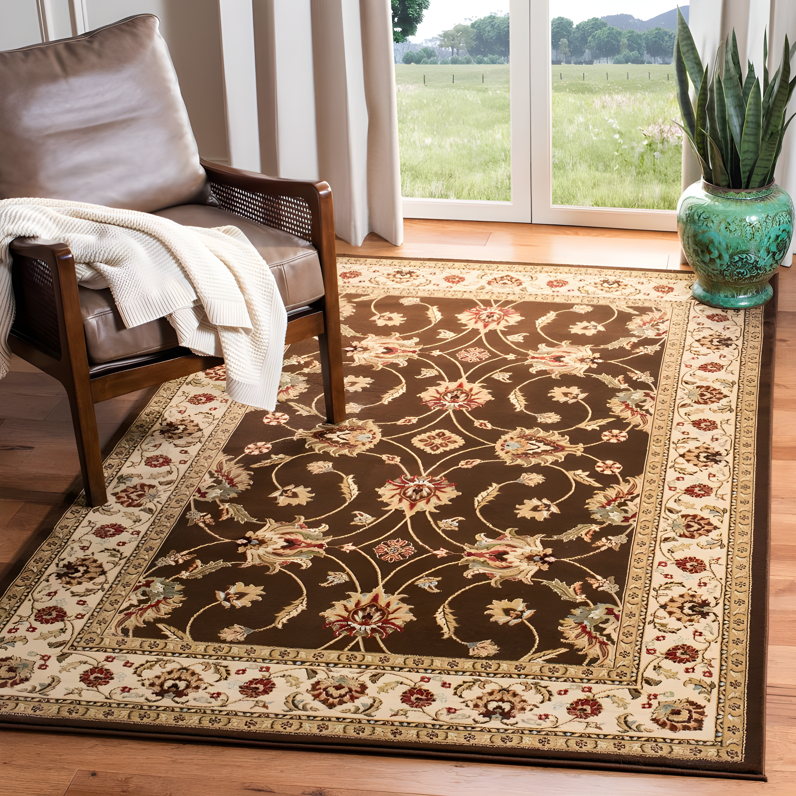 Lyndhurst LNH553 Power Loomed Area Rug - Brown/Ivory - 5'3"x7'6" - Safavieh