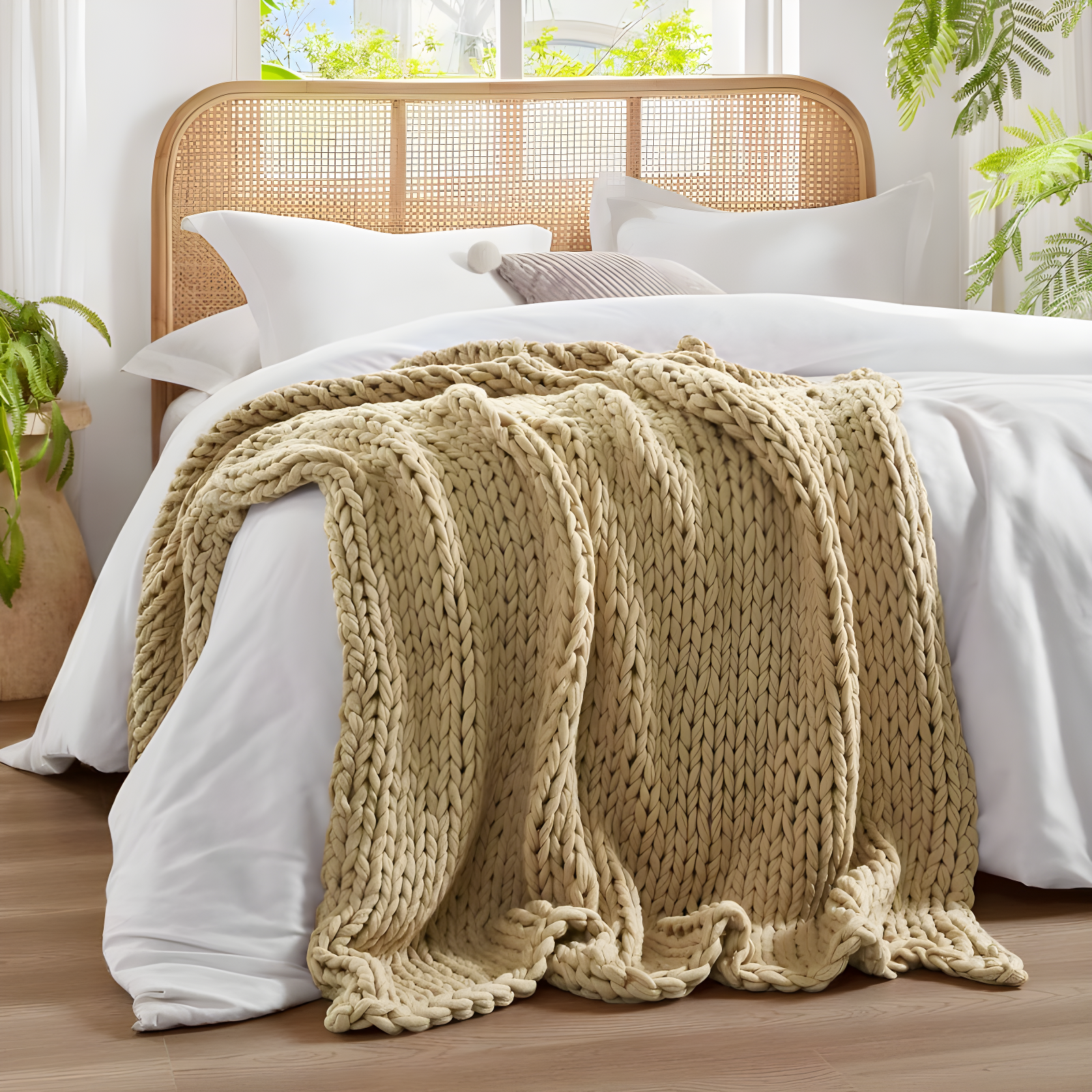 50"x60" Chunky Double Knit Handmade Throw Blanket Tan - Madison Park