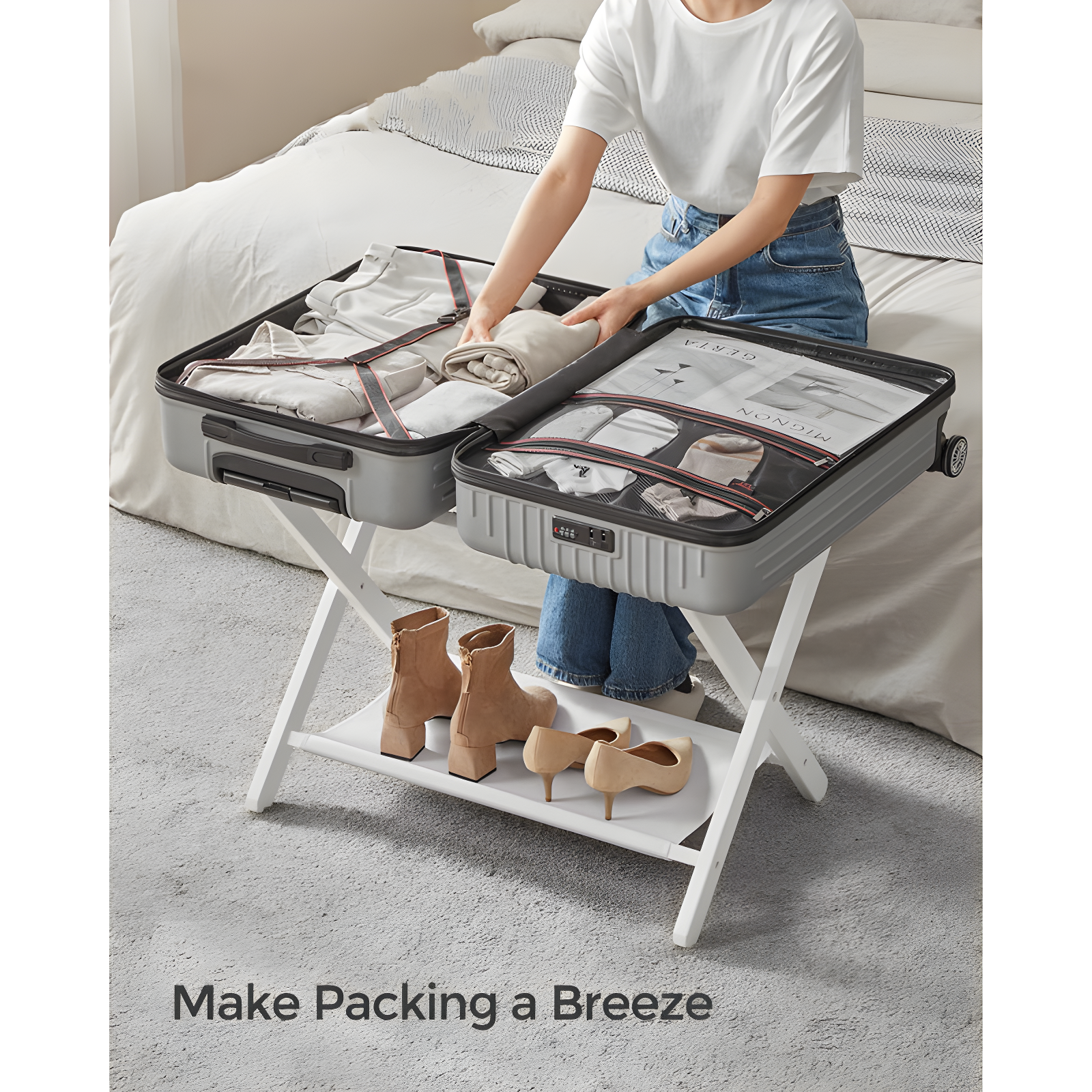 Bisiot Luggage Rack, Folding Suitcase Stand With Storage Shelf Holds Up To 131 Lb