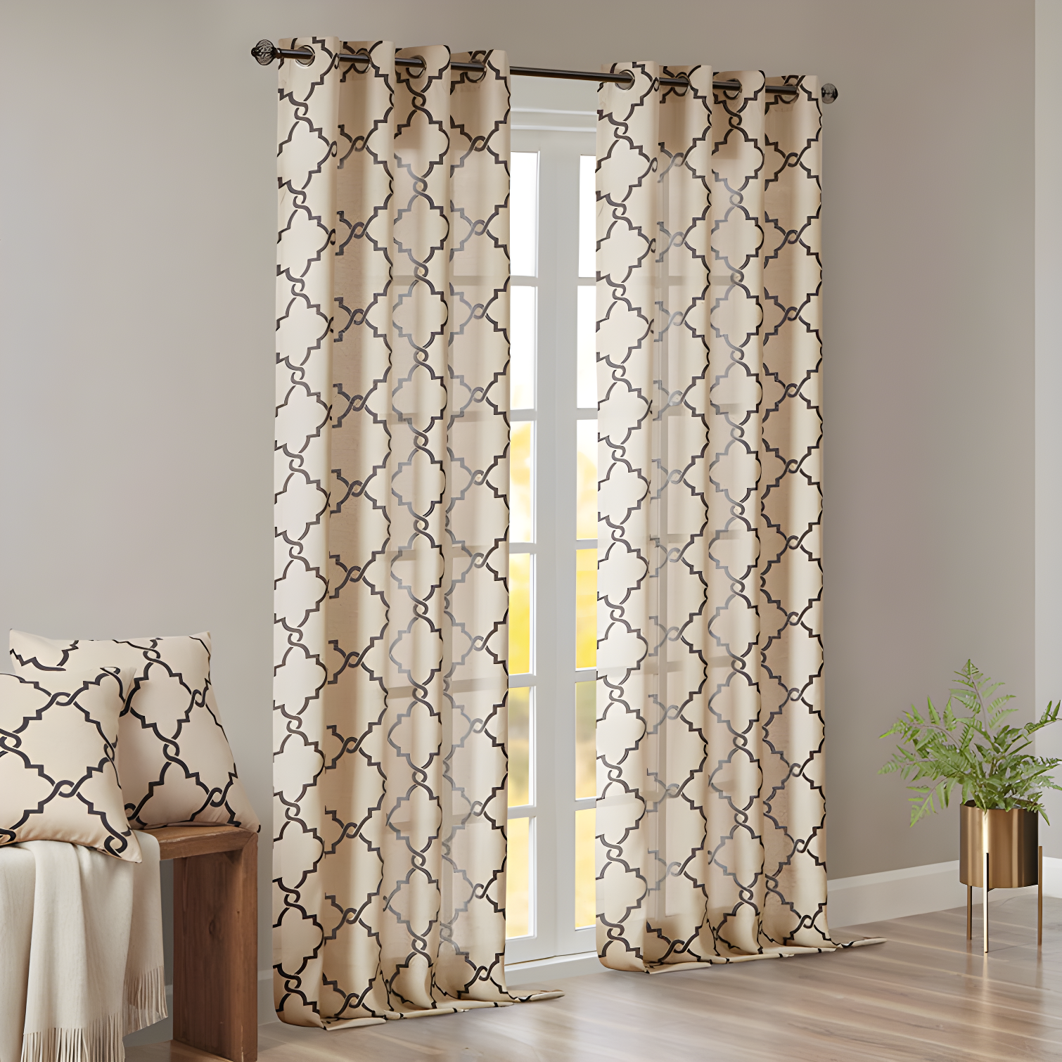 Fretwork Print Grommet Top Window Curtain Panel
