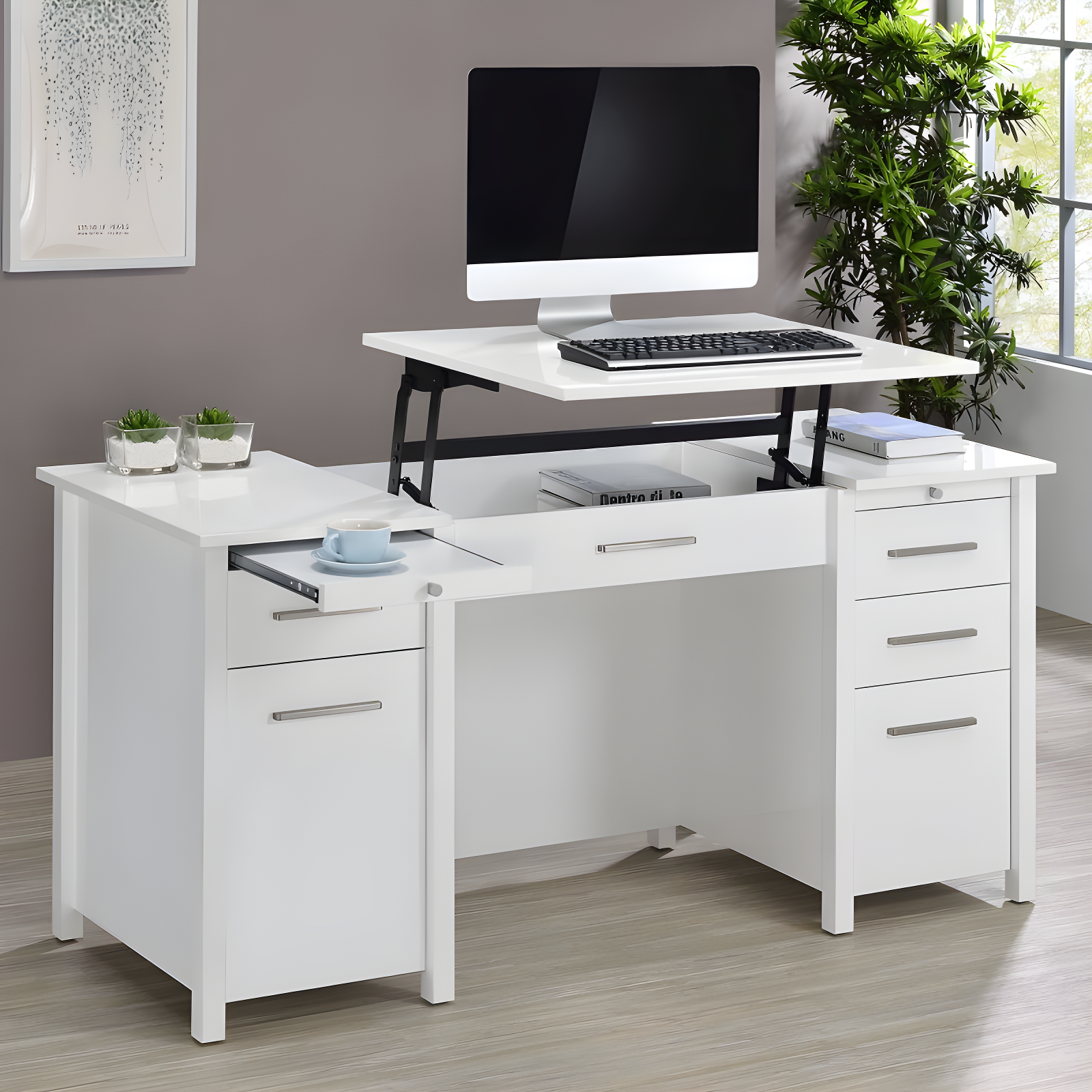 Dylan 4 Drawer Standing Office Desk with Cabinet White High Gloss - Coaster: Lift Top, Ergonomic Design, Brushed Zinc Handles