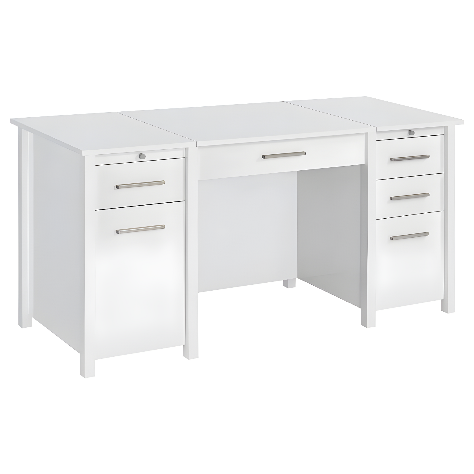 Dylan 4 Drawer Standing Office Desk with Cabinet White High Gloss - Coaster: Lift Top, Ergonomic Design, Brushed Zinc Handles