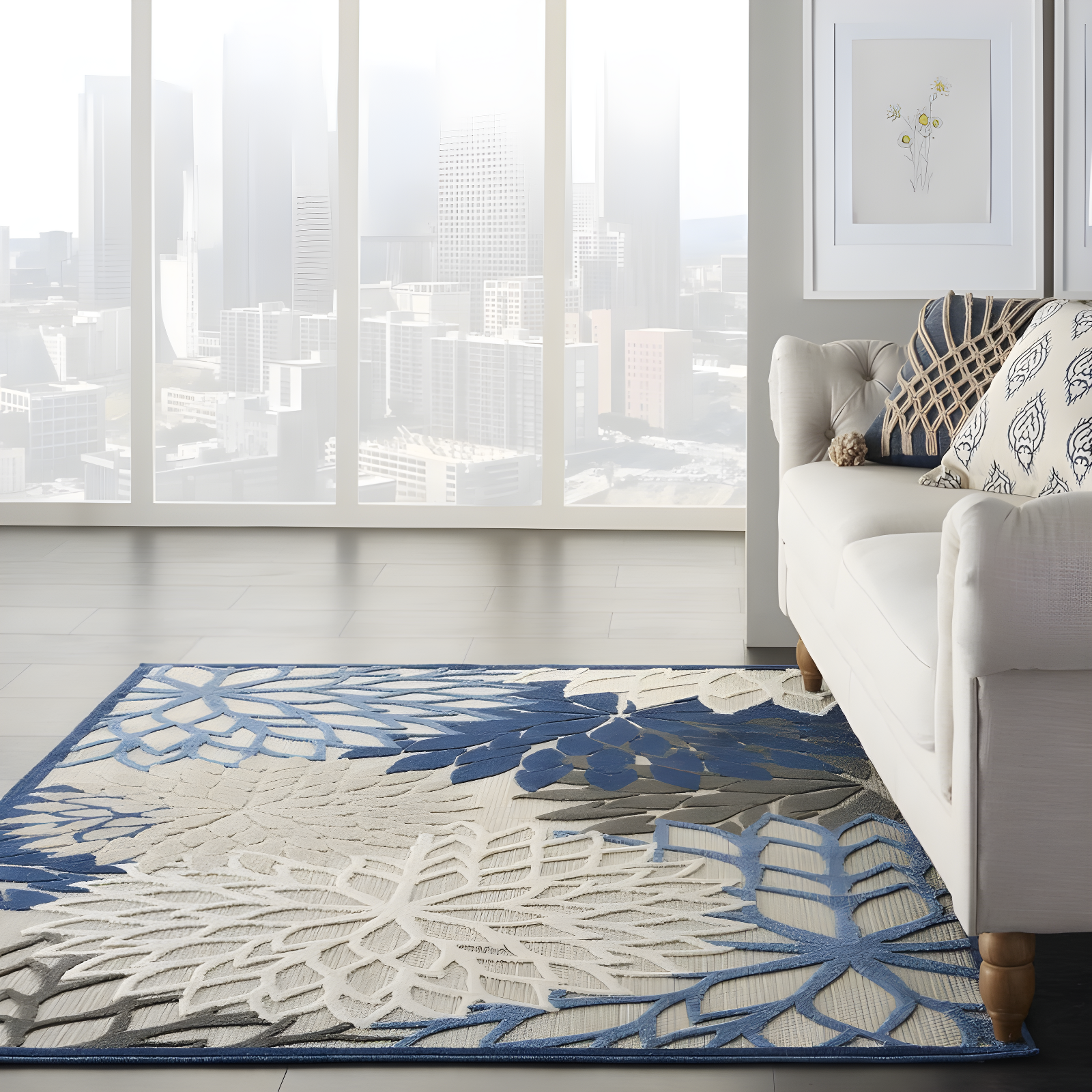 Nourison Aloha Floral Bloom Flatweave High-Low Indoor Outdoor Area Rug Blue/Multicolor 3'6" x 5'6"