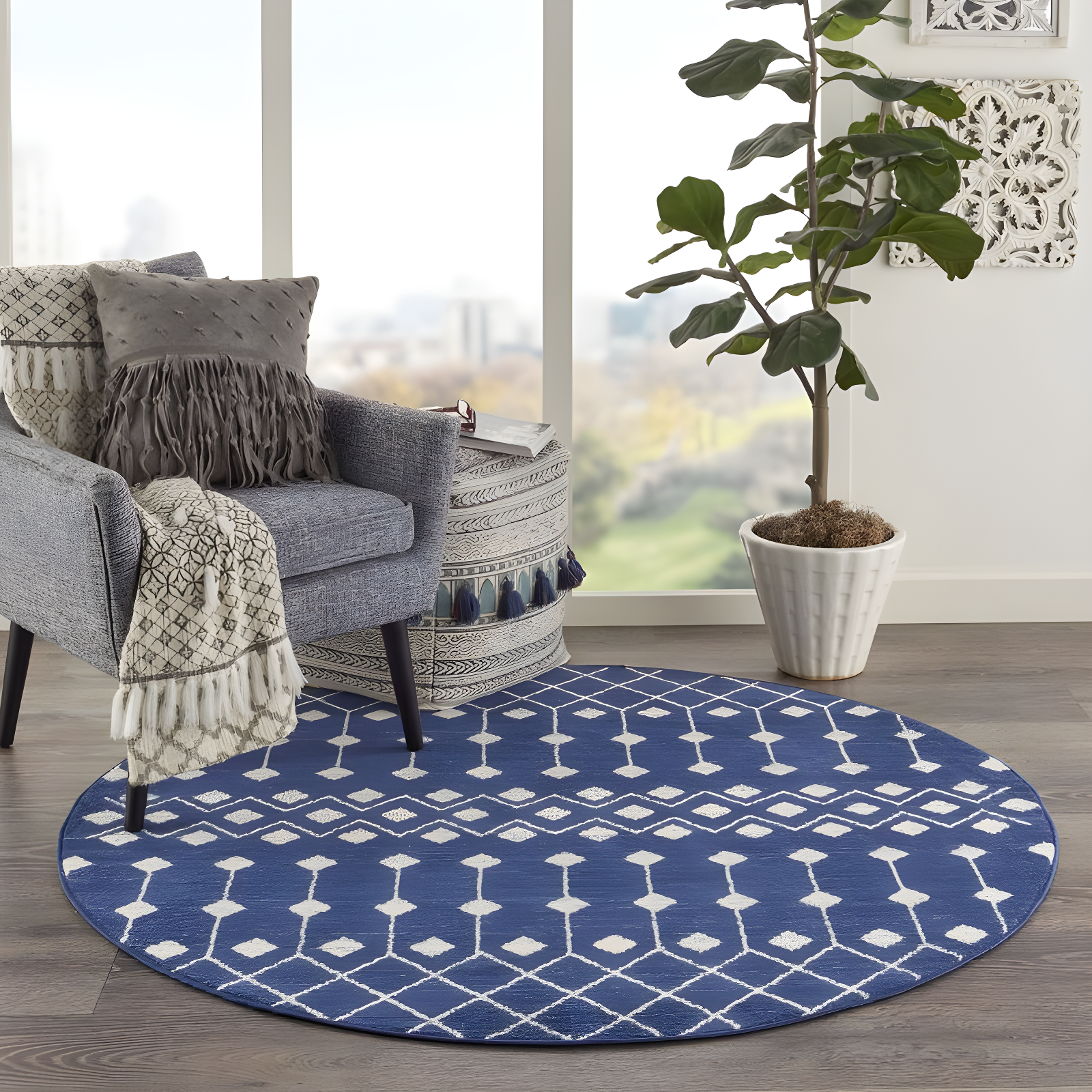 Nourison Grafix GRF37 Indoor Area Rug Navy 5'3" x ROUND