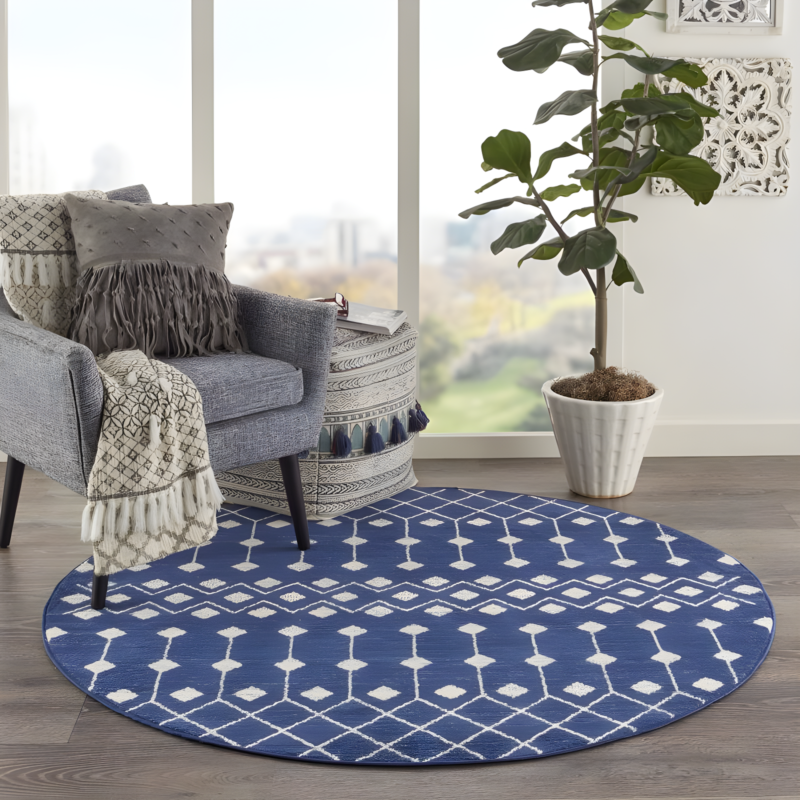 Nourison Grafix GRF37 Indoor Area Rug Navy 5'3" x ROUND