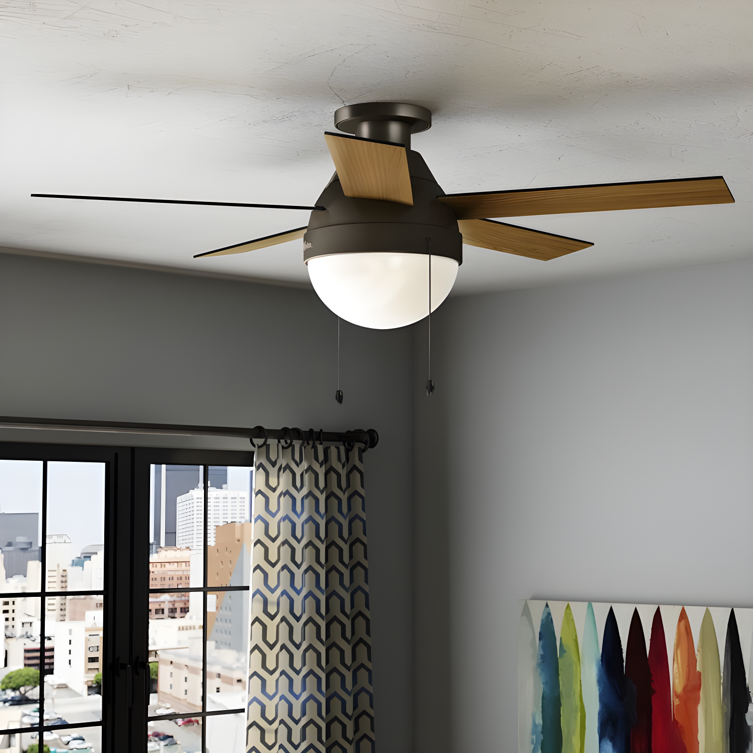 46" Anslee 5 - Blade LED Flush Mount Ceiling Fan with Pull Chain and Light Kit Included