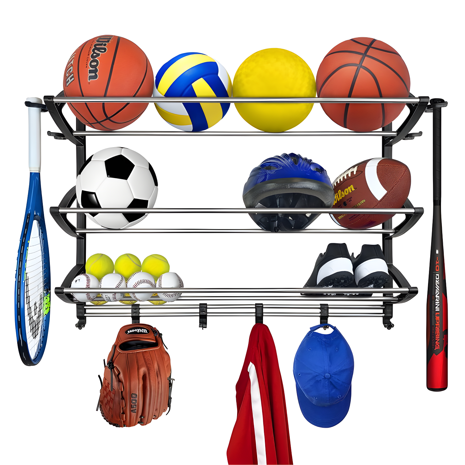 LYNK PROFESSIONAL 149100DS Lynk Garage Sports Equipment Organizer - Wall Mount Ball Rack - Sports Equipment Storage - Ball Storage for Garage - Garage Toy Storage - Easy to Install Sports Storage Organizer for Garage - Black