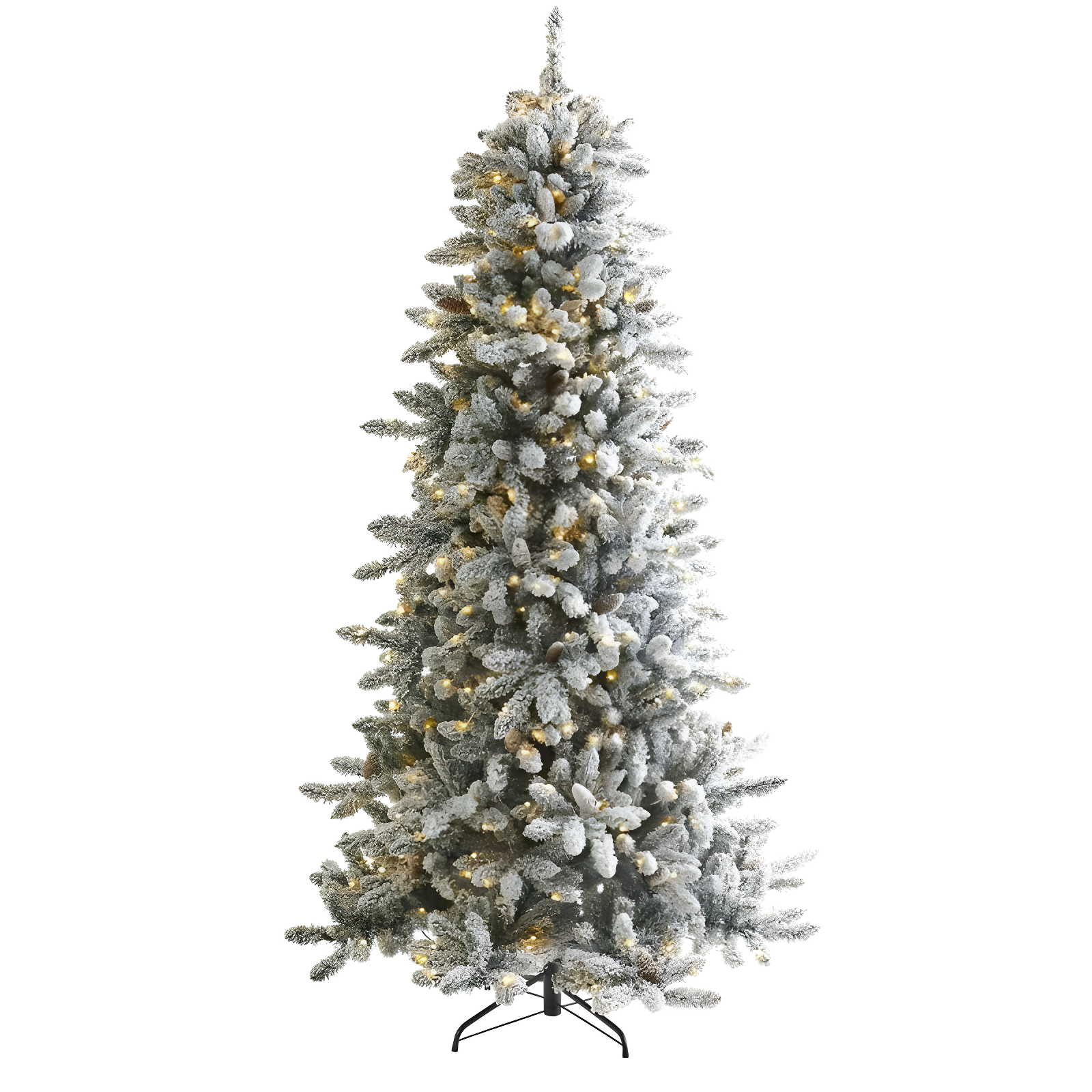 Nearly Natural 7.5' Pre-Lit LED Flocked Slim Livingston Fir with Pinecones, Electric Powered